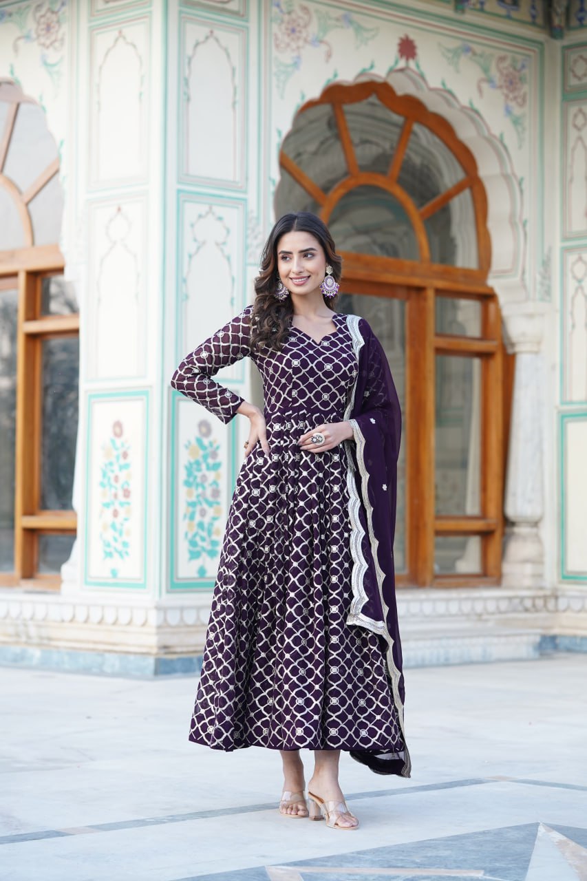 Wine Faux Blooming Sequins Embroidered Anarkali Gown with Dupatta