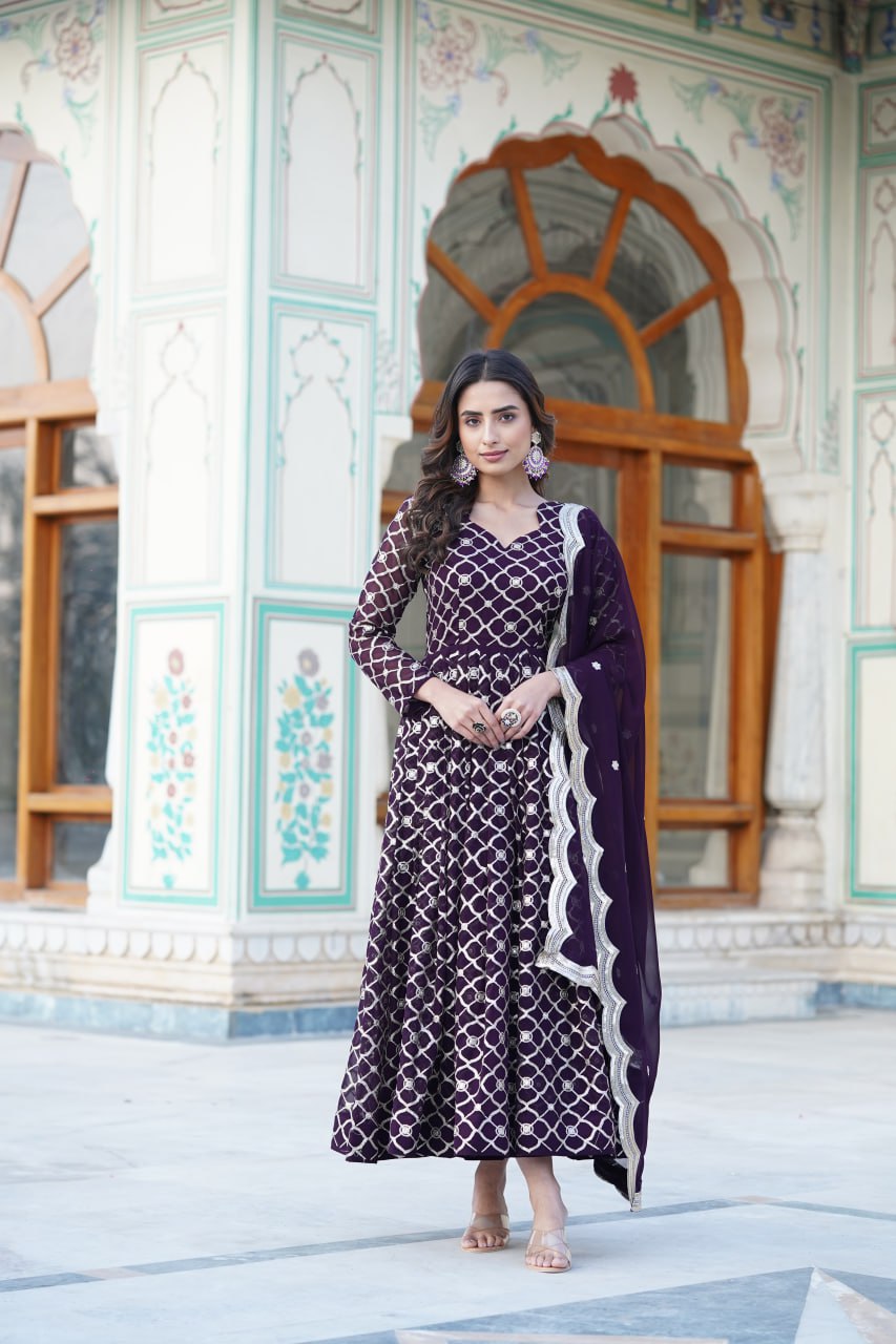 Wine Faux Blooming Sequins Embroidered Anarkali Gown with Dupatta