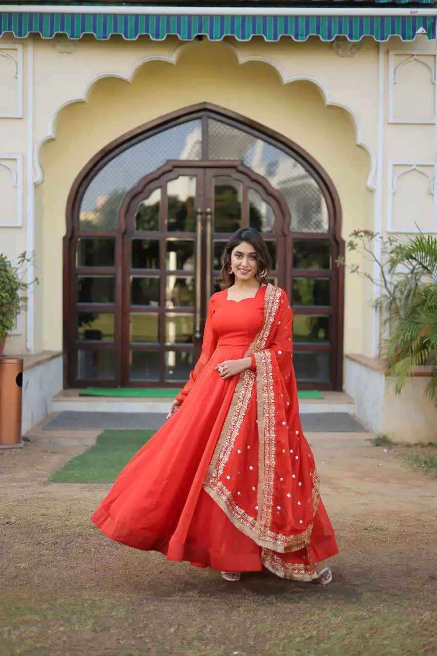 Orange Women’s Russian Silk Anarkali Gown with Sequins Dupatta