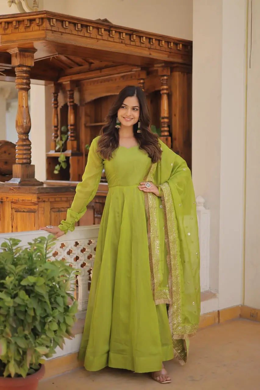 Parrot Green Women’s Russian Silk Anarkali Gown with Sequins Dupatta