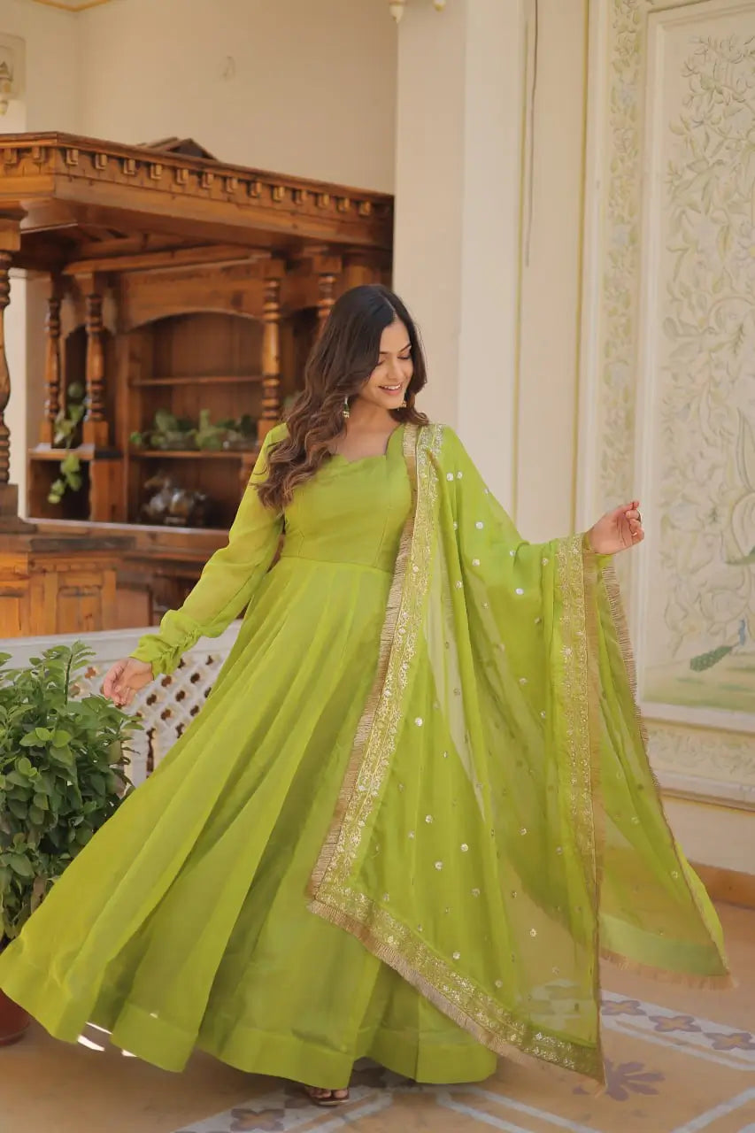 Parrot Green Women’s Russian Silk Anarkali Gown with Sequins Dupatta