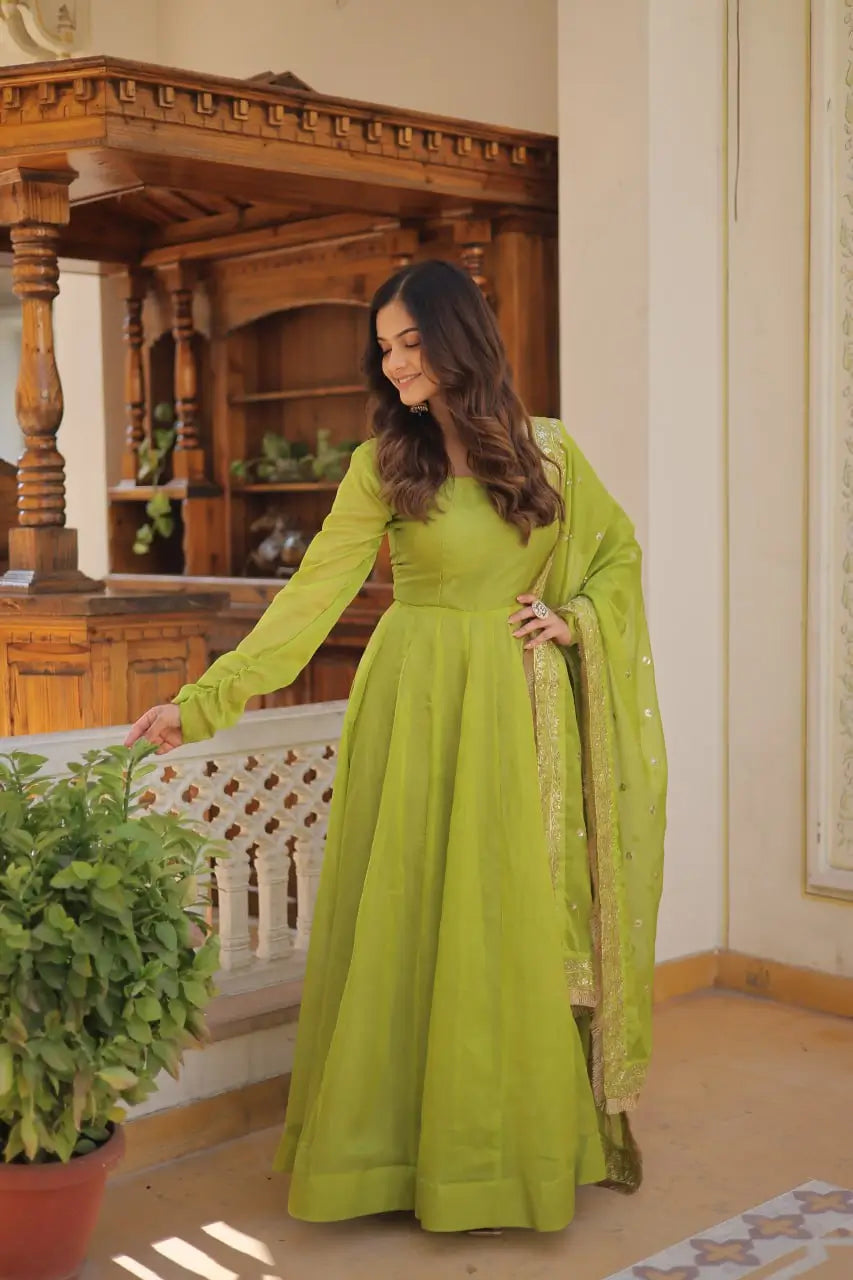 Parrot Green Women’s Russian Silk Anarkali Gown with Sequins Dupatta
