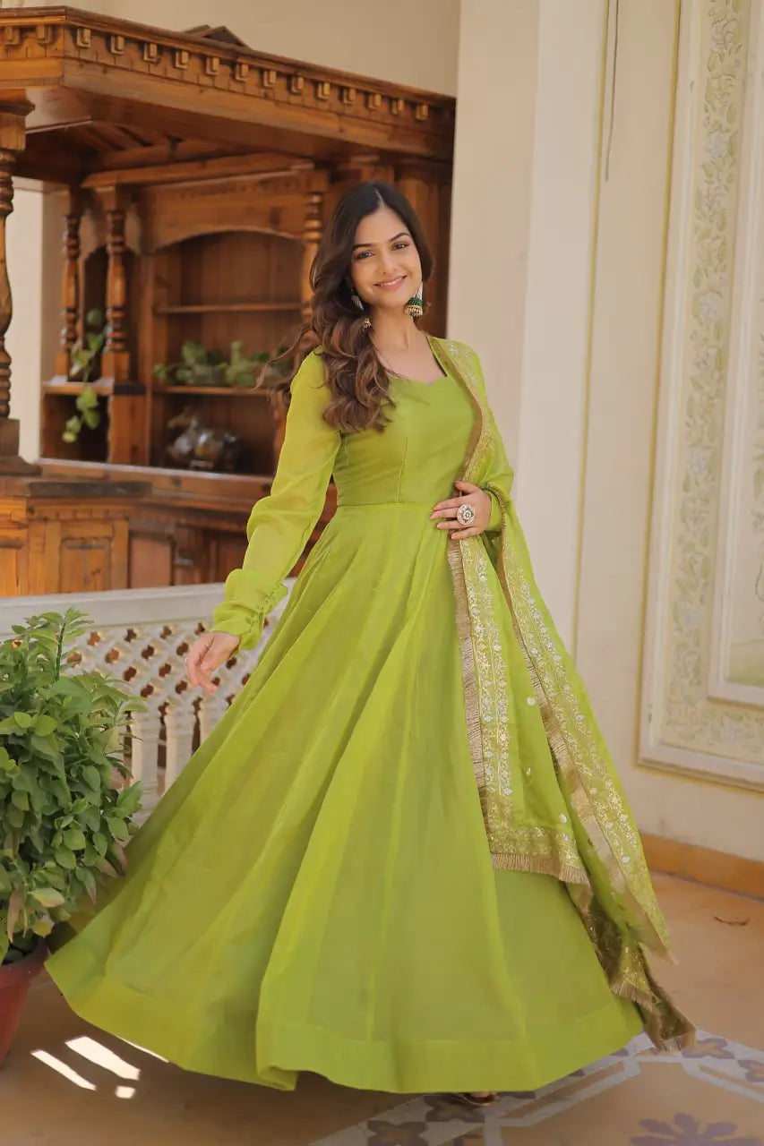 Parrot Green Women’s Russian Silk Anarkali Gown with Sequins Dupatta