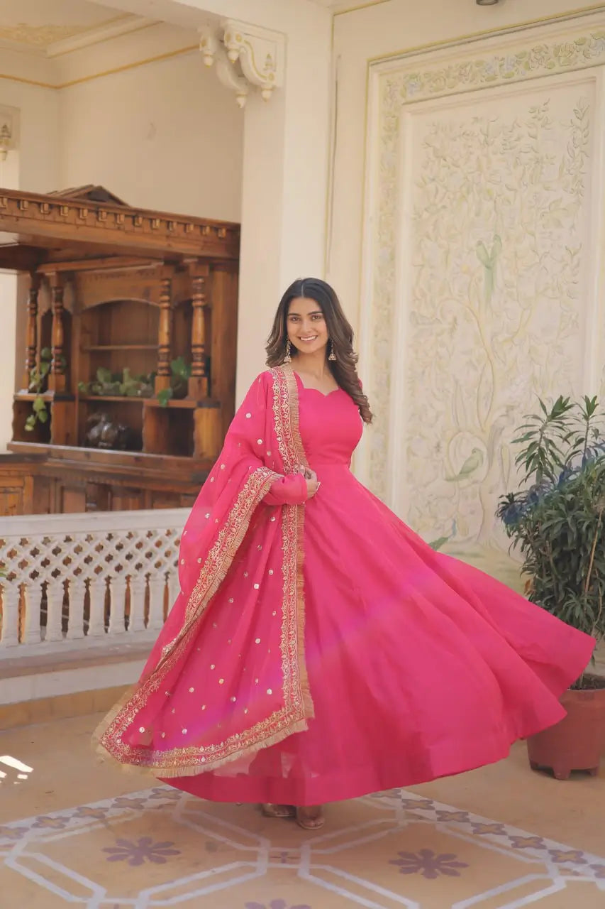 Pink Women’s Russian Silk Anarkali Gown with Sequins Dupatta