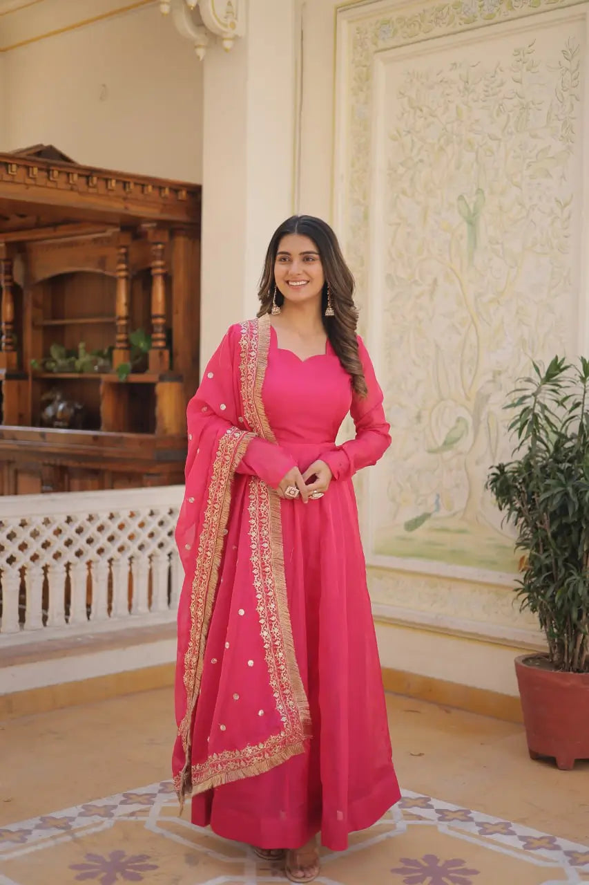 Pink Women’s Russian Silk Anarkali Gown with Sequins Dupatta
