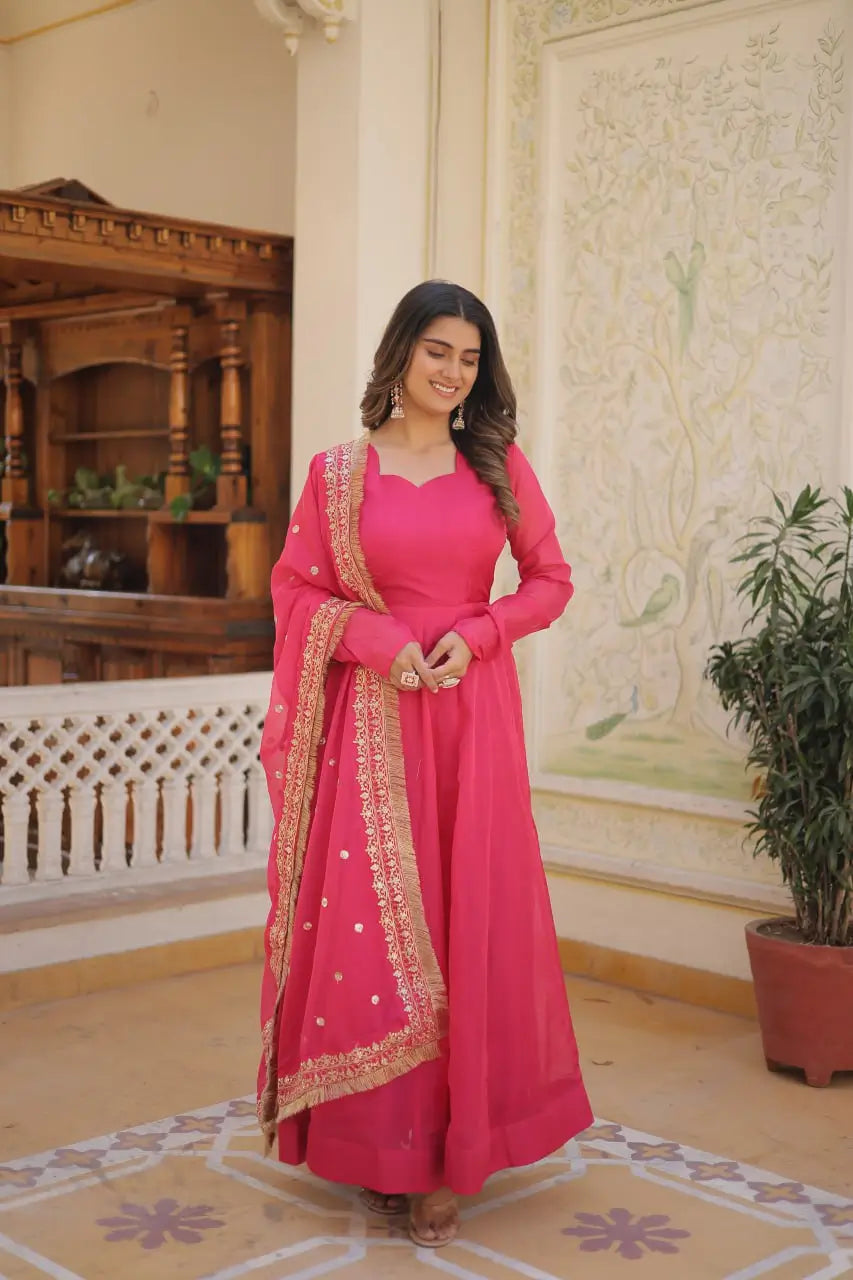 Pink Women’s Russian Silk Anarkali Gown with Sequins Dupatta
