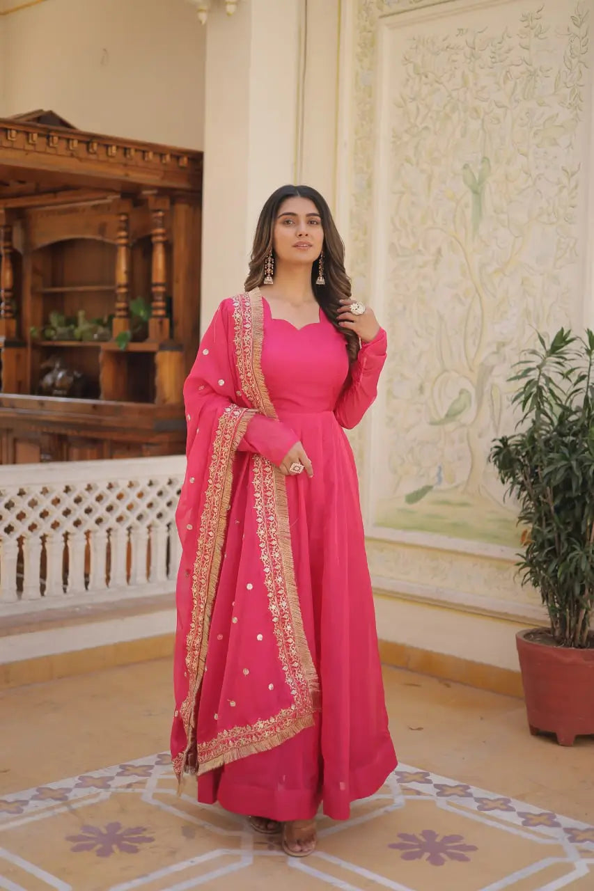 Pink Women’s Russian Silk Anarkali Gown with Sequins Dupatta