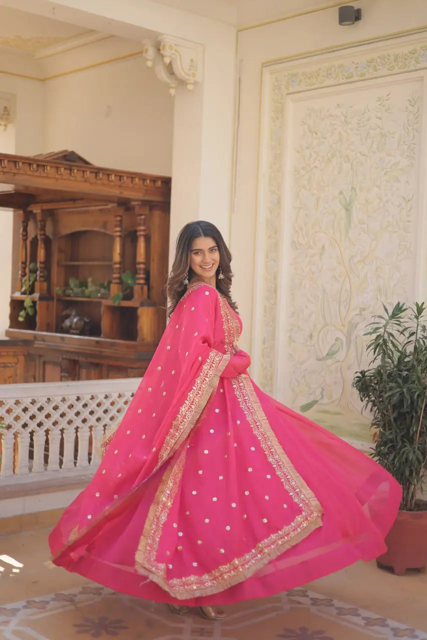 Pink Women’s Russian Silk Anarkali Gown with Sequins Dupatta