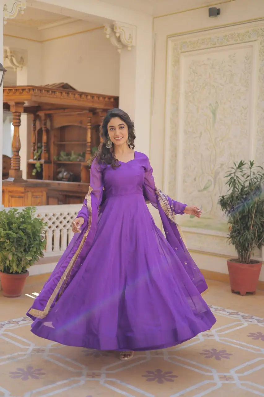 Purple Women’s Russian Silk Anarkali Gown with Sequins Dupatta