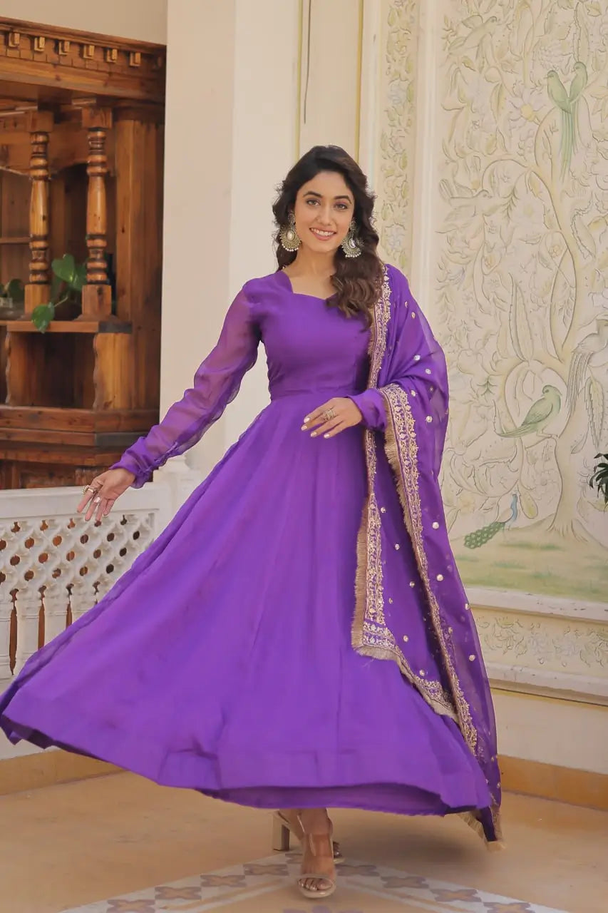 Purple Women’s Russian Silk Anarkali Gown with Sequins Dupatta