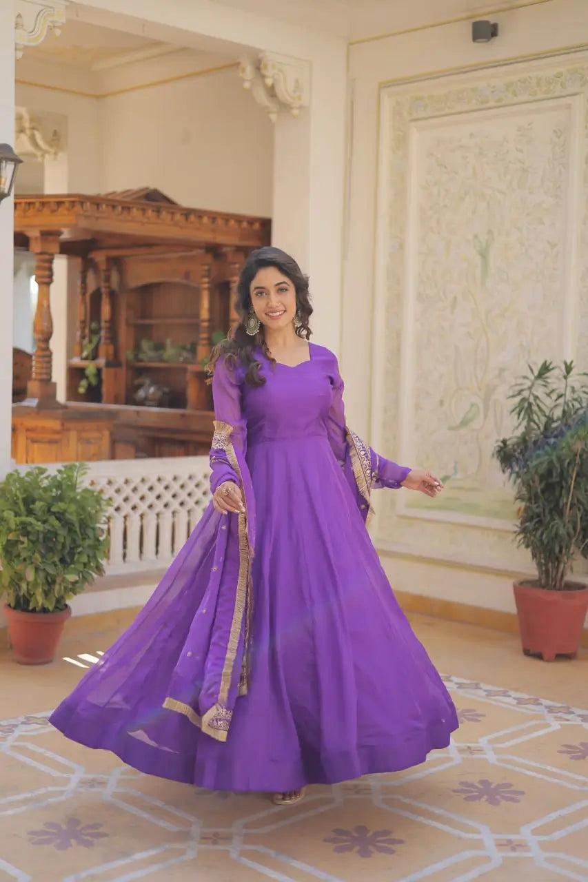 Purple Women’s Russian Silk Anarkali Gown with Sequins Dupatta