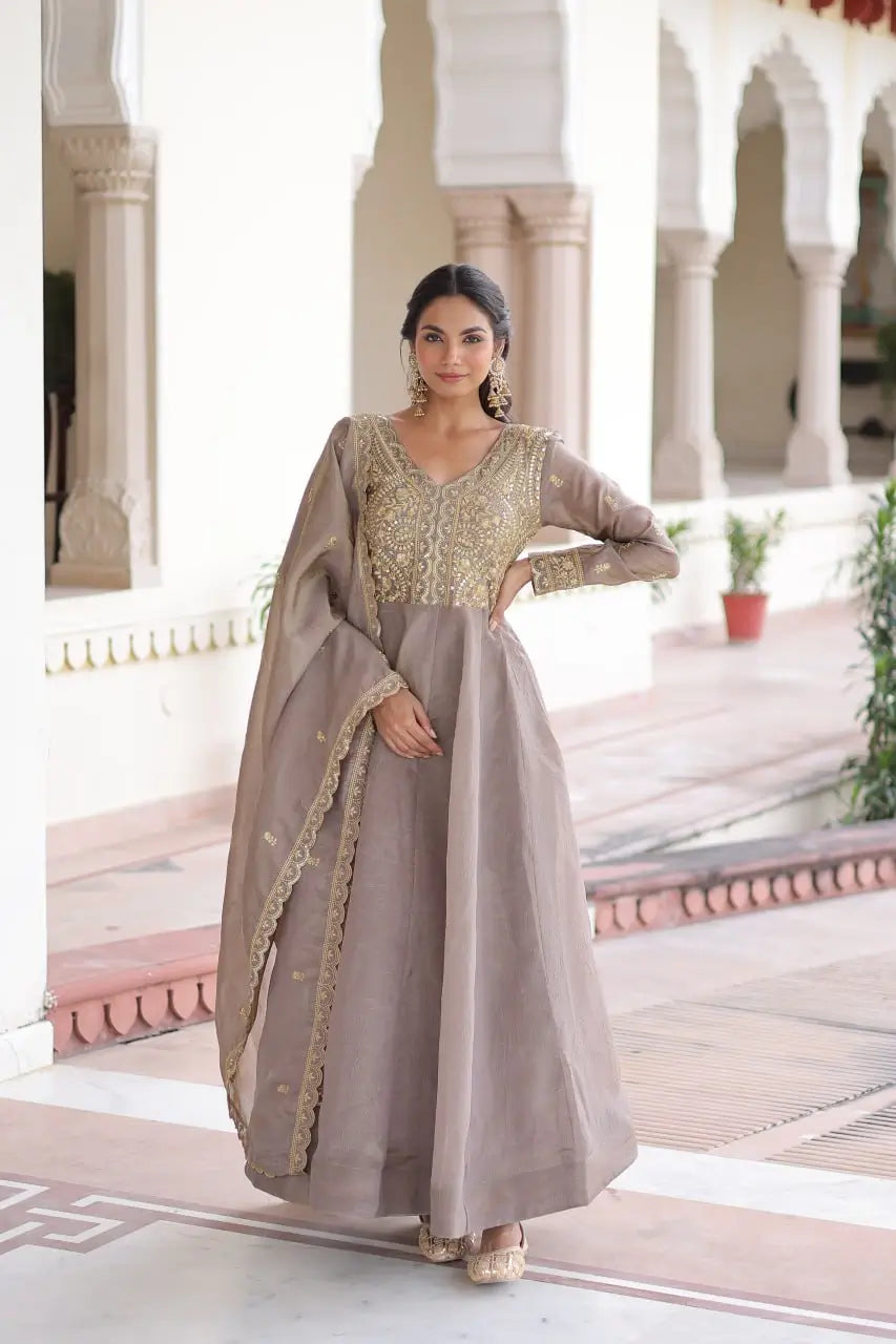 Premium Gold Crush Designer Gown Set in Coffee
