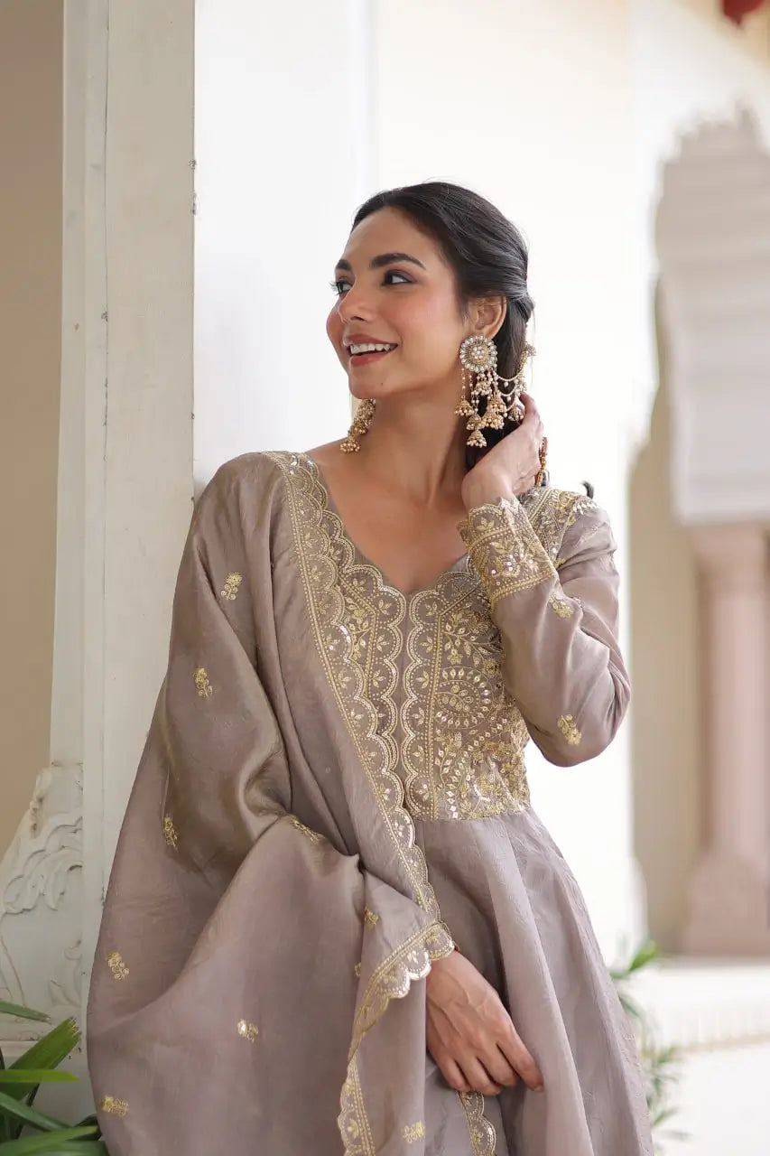 Premium Gold Crush Designer Gown Set in Coffee