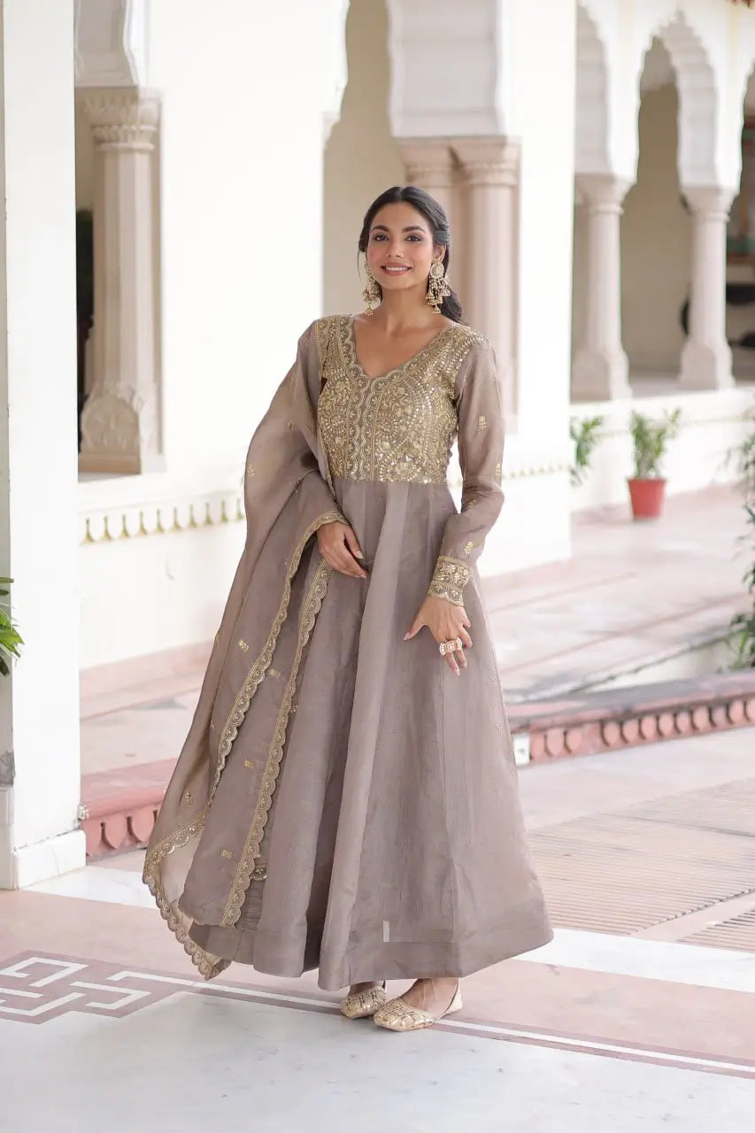 Premium Gold Crush Designer Gown Set in Coffee