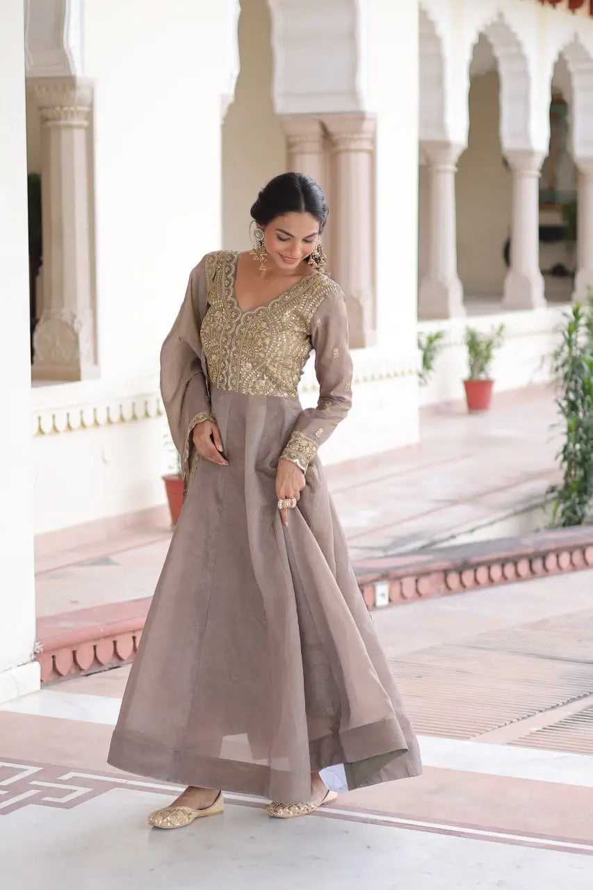 Premium Gold Crush Designer Gown Set in Coffee