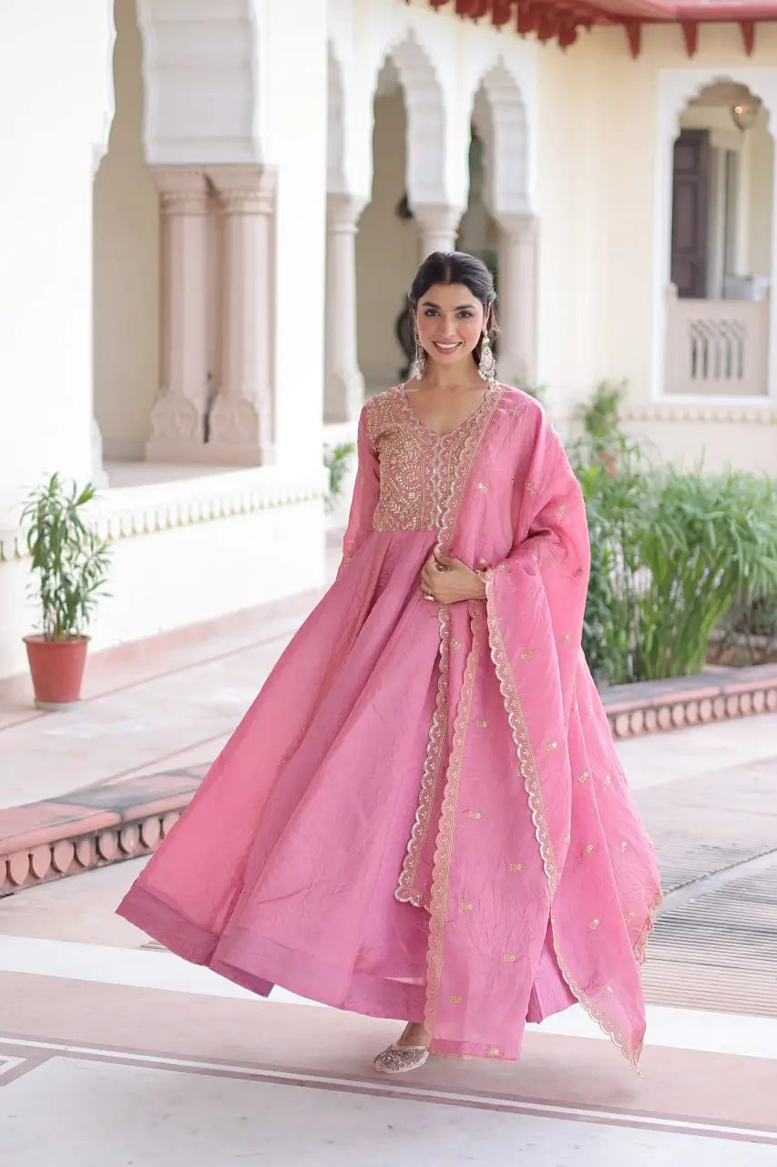 Premium Gold Crush Designer Gown Set in Pink