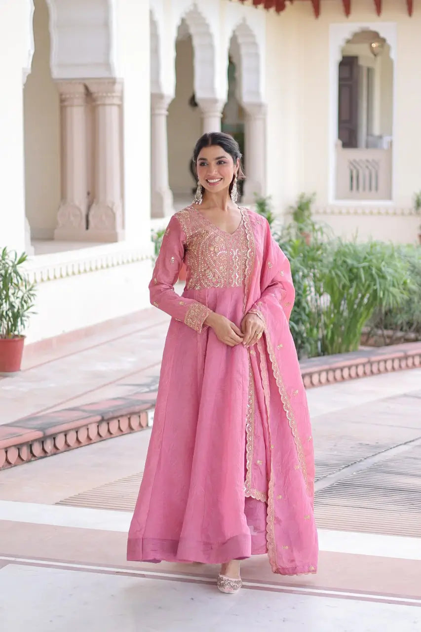 Premium Gold Crush Designer Gown Set in Pink