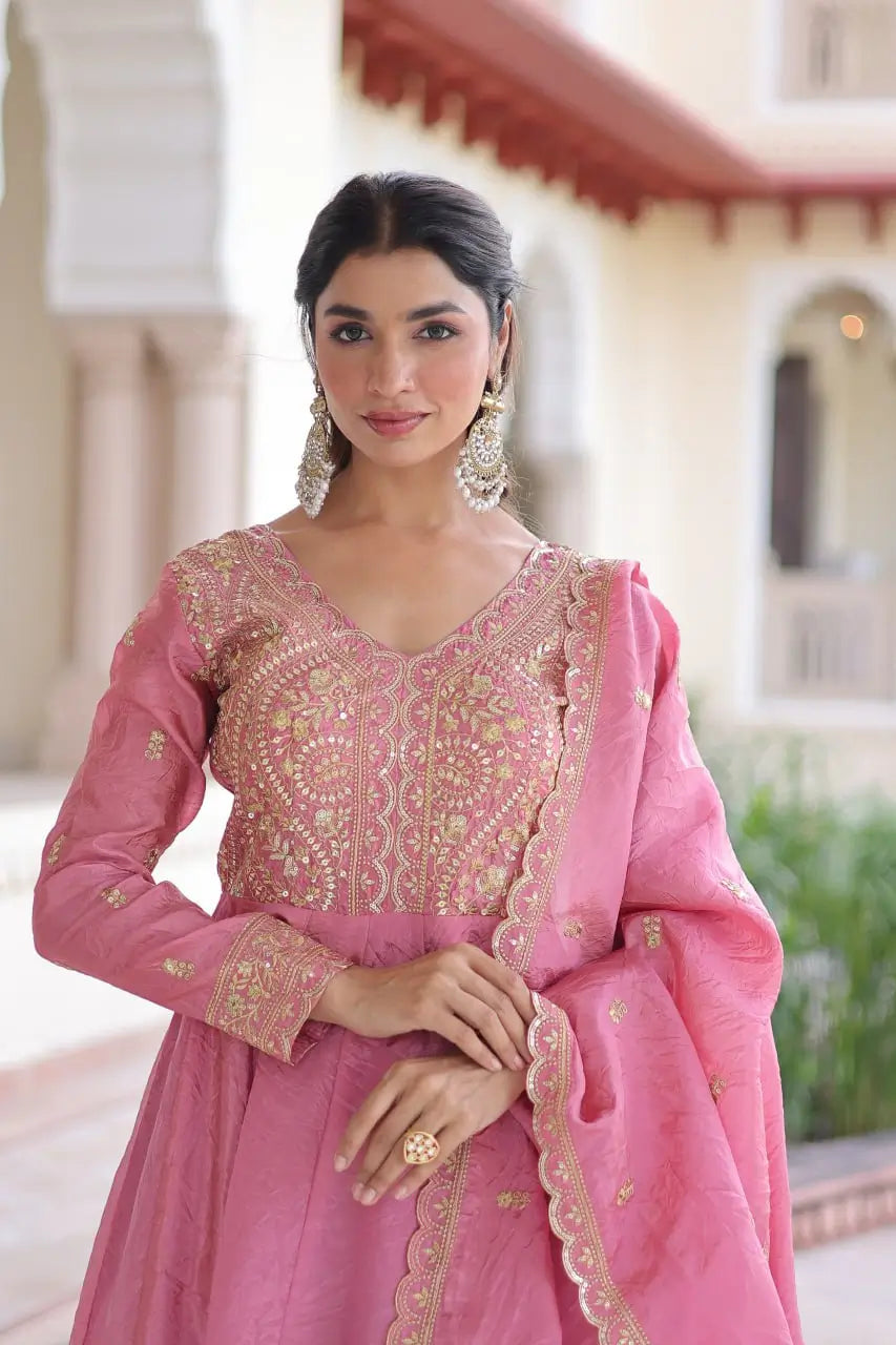 Premium Gold Crush Designer Gown Set in Pink