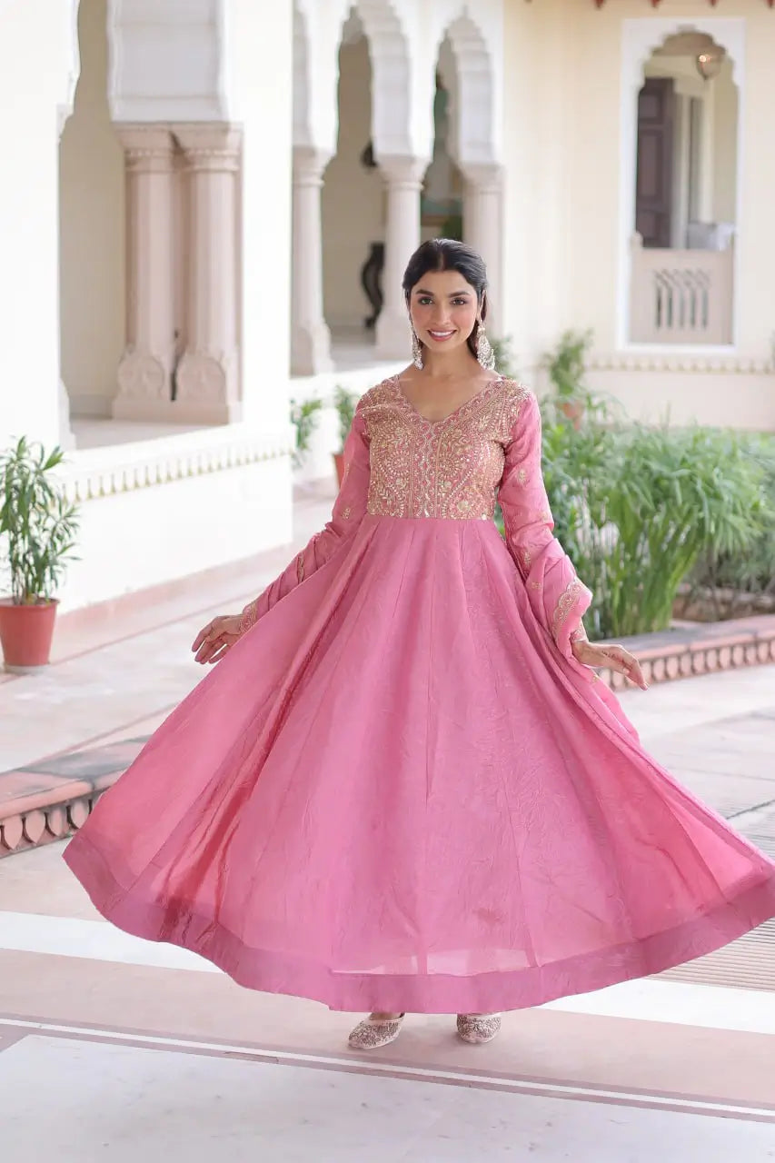 Premium Gold Crush Designer Gown Set in Pink
