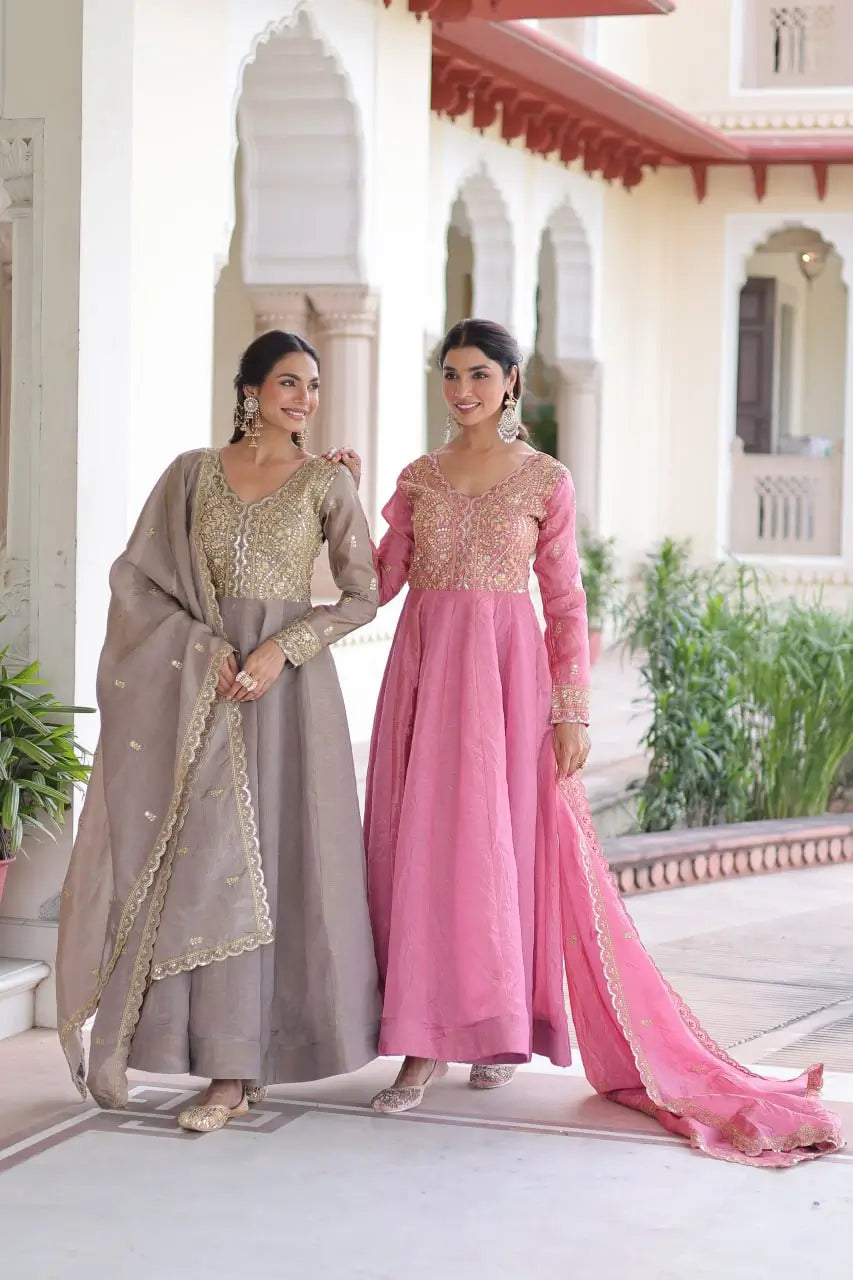 Premium Gold Crush Designer Gown Set in Coffee