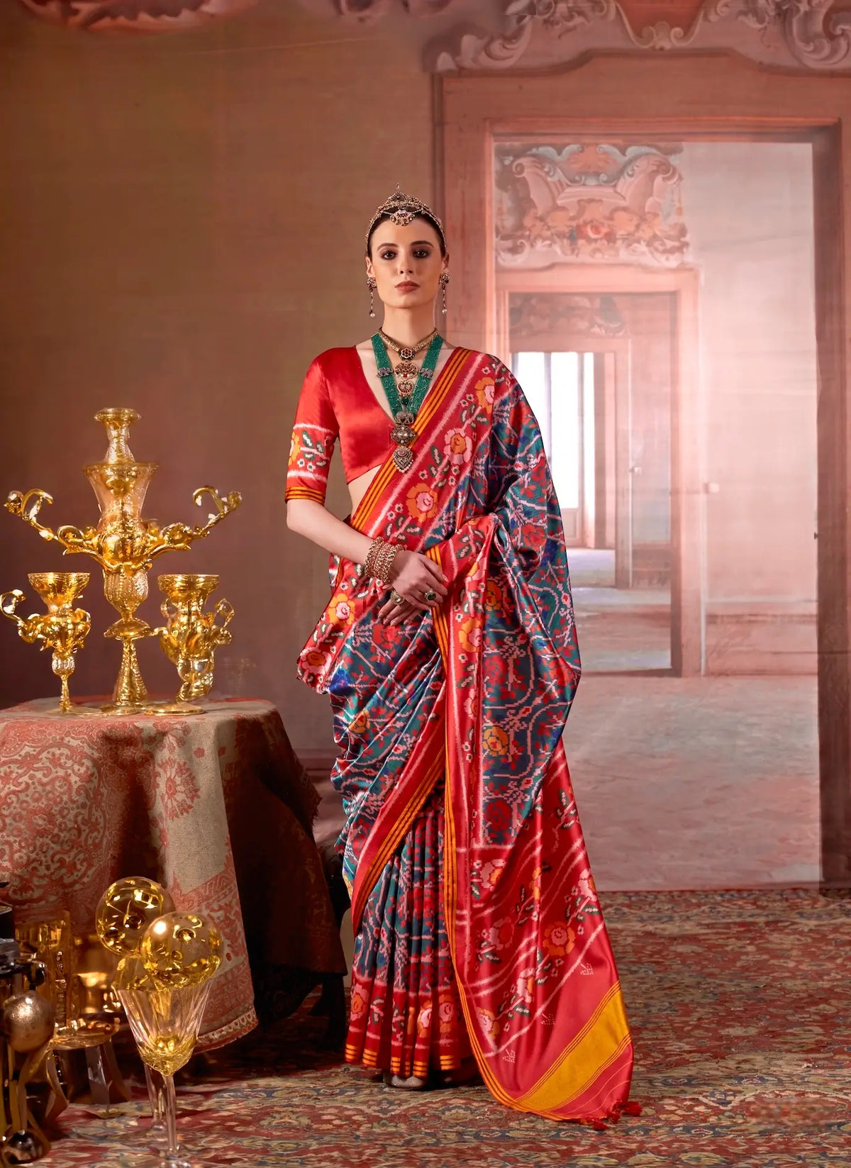 Dark Teal-Red Patan Patola Saree