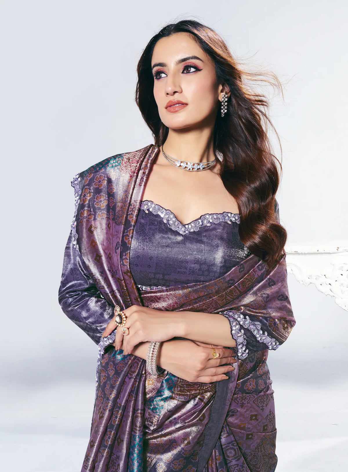 Dark Mauve Paper Silk Saree With Print & Stone Handwork