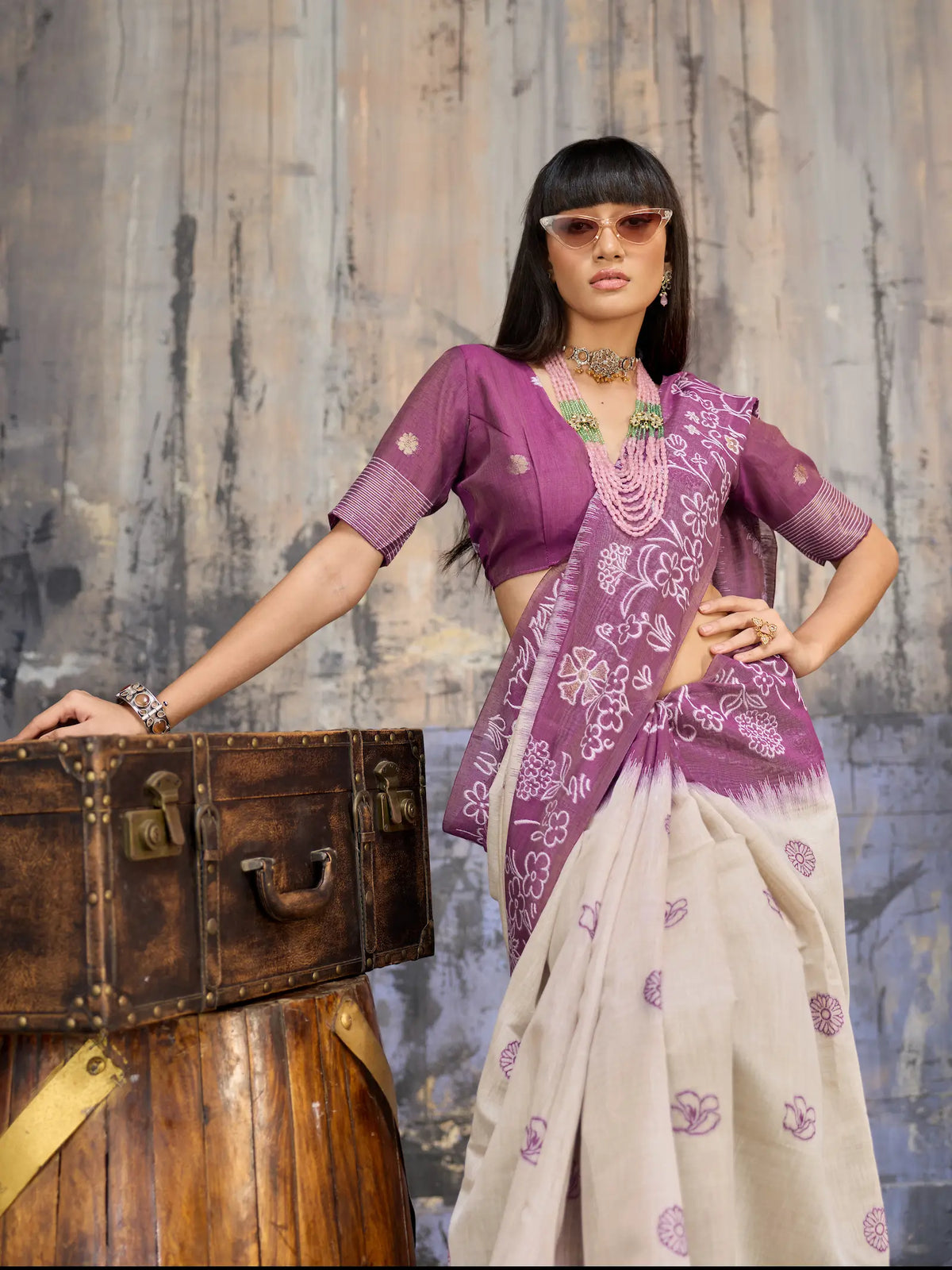 Beige-Mauve Handloom Cotton Saree