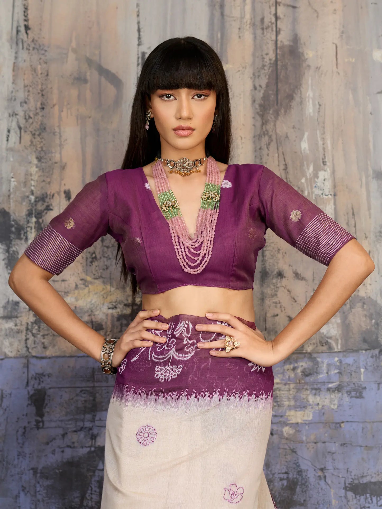 Beige-Mauve Handloom Cotton Saree