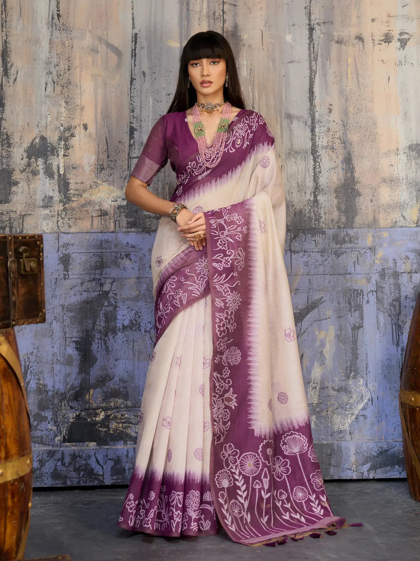 Beige-Mauve Handloom Cotton Saree