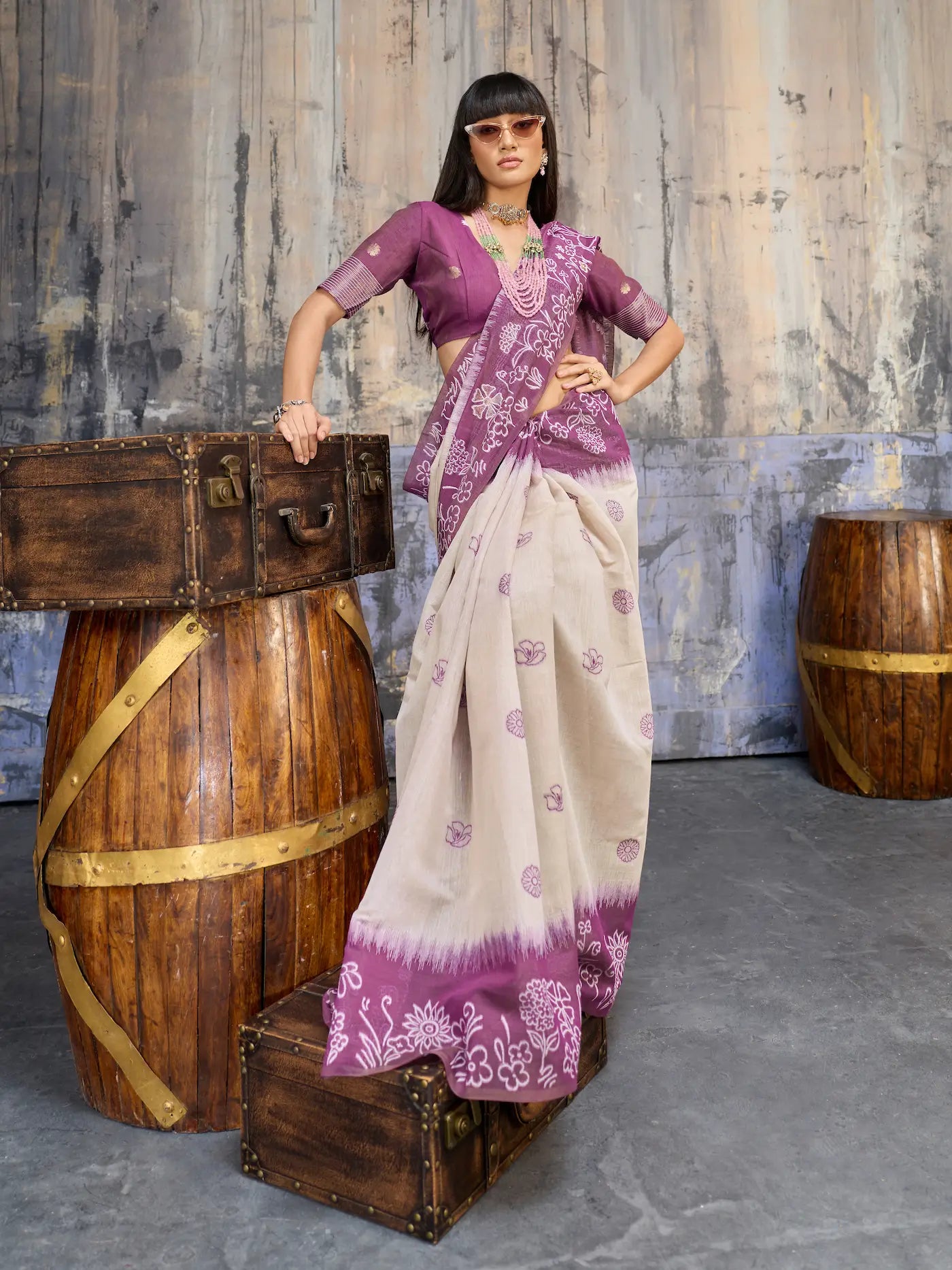 Beige-Mauve Handloom Cotton Saree