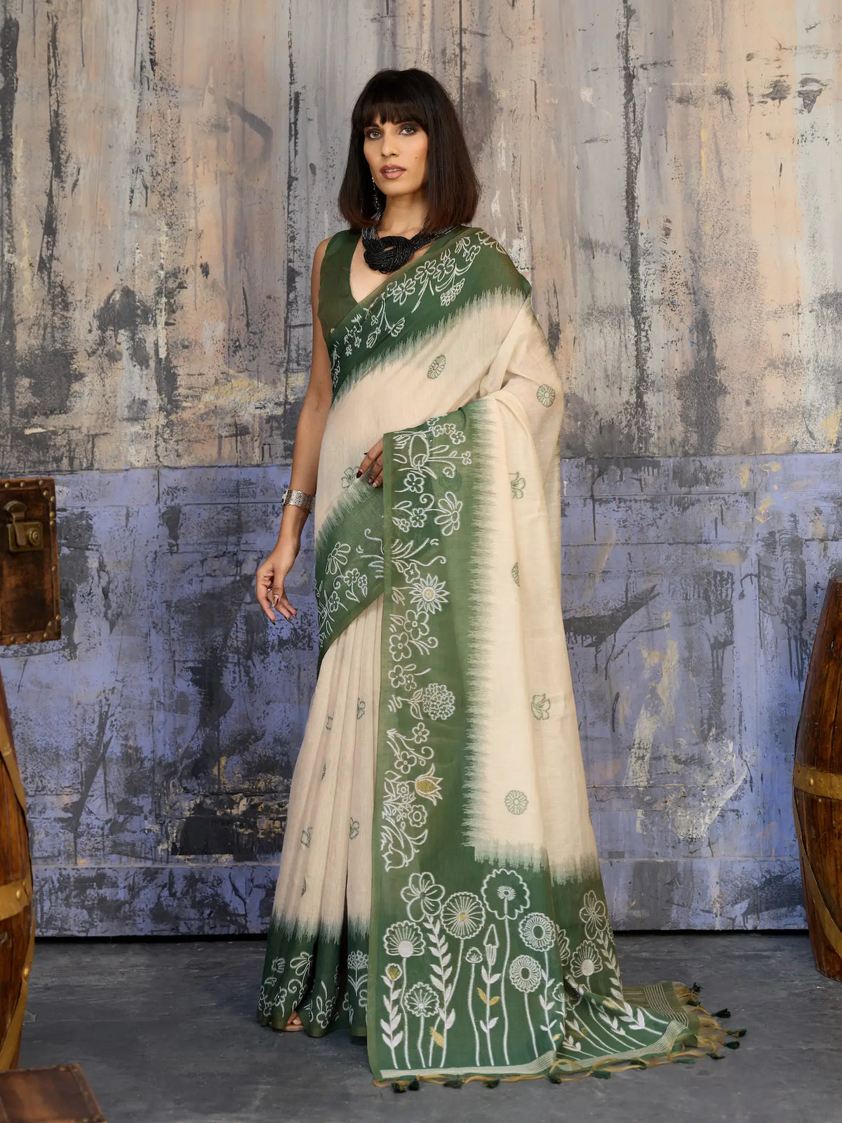 Beige-Green Handloom Cotton Saree