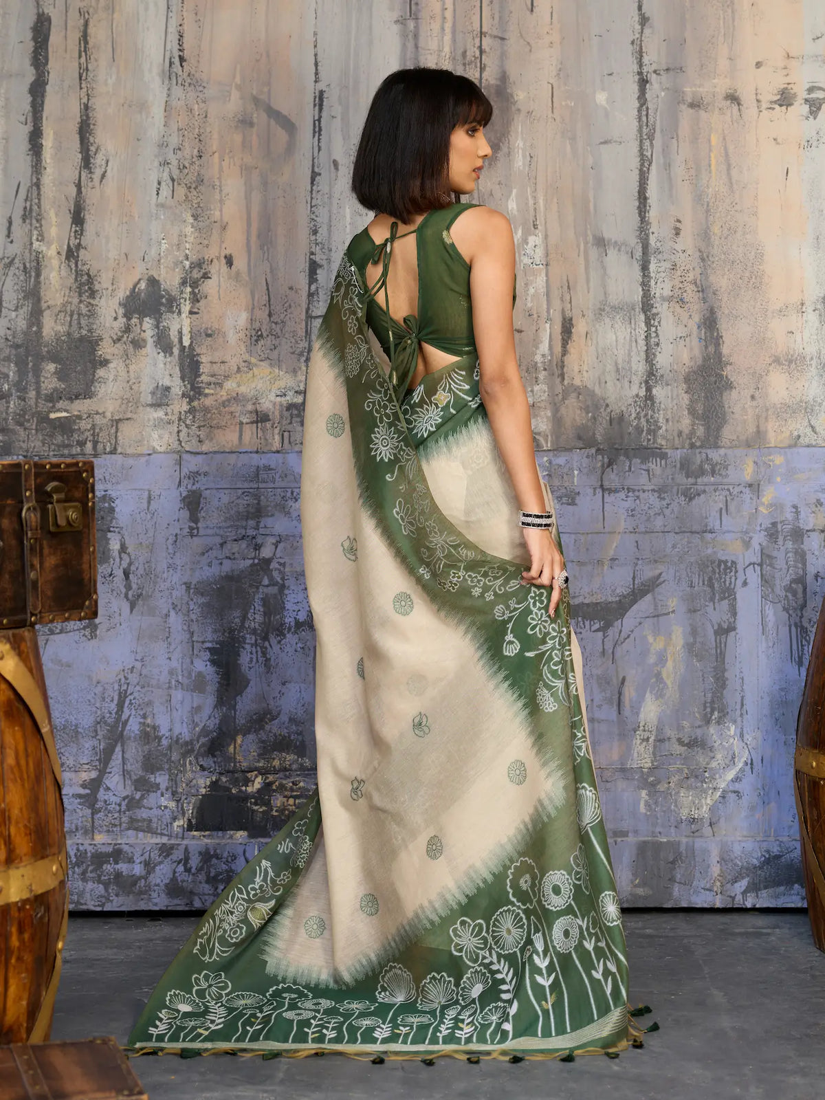 Beige-Green Handloom Cotton Saree