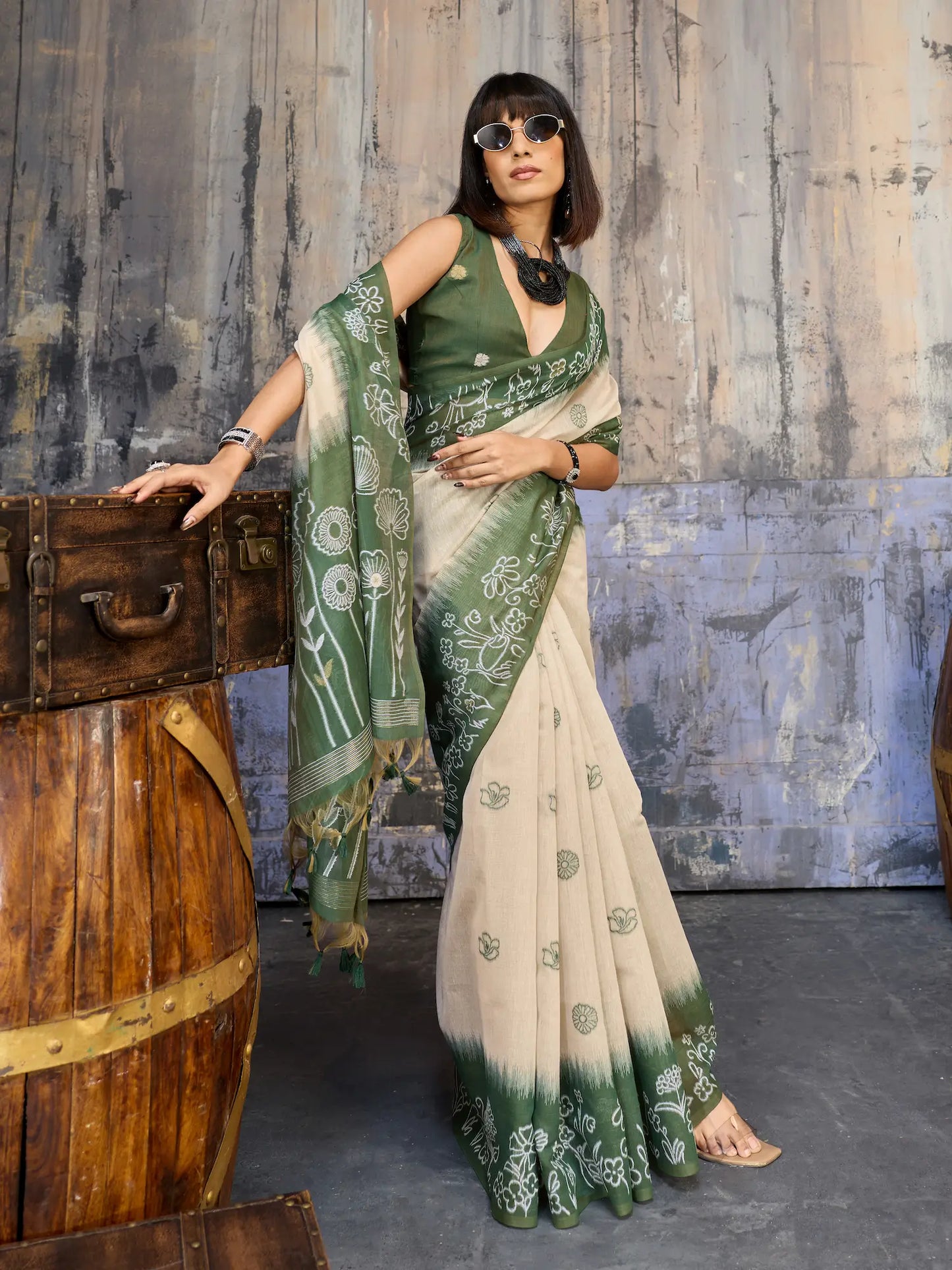 Beige-Green Handloom Cotton Saree