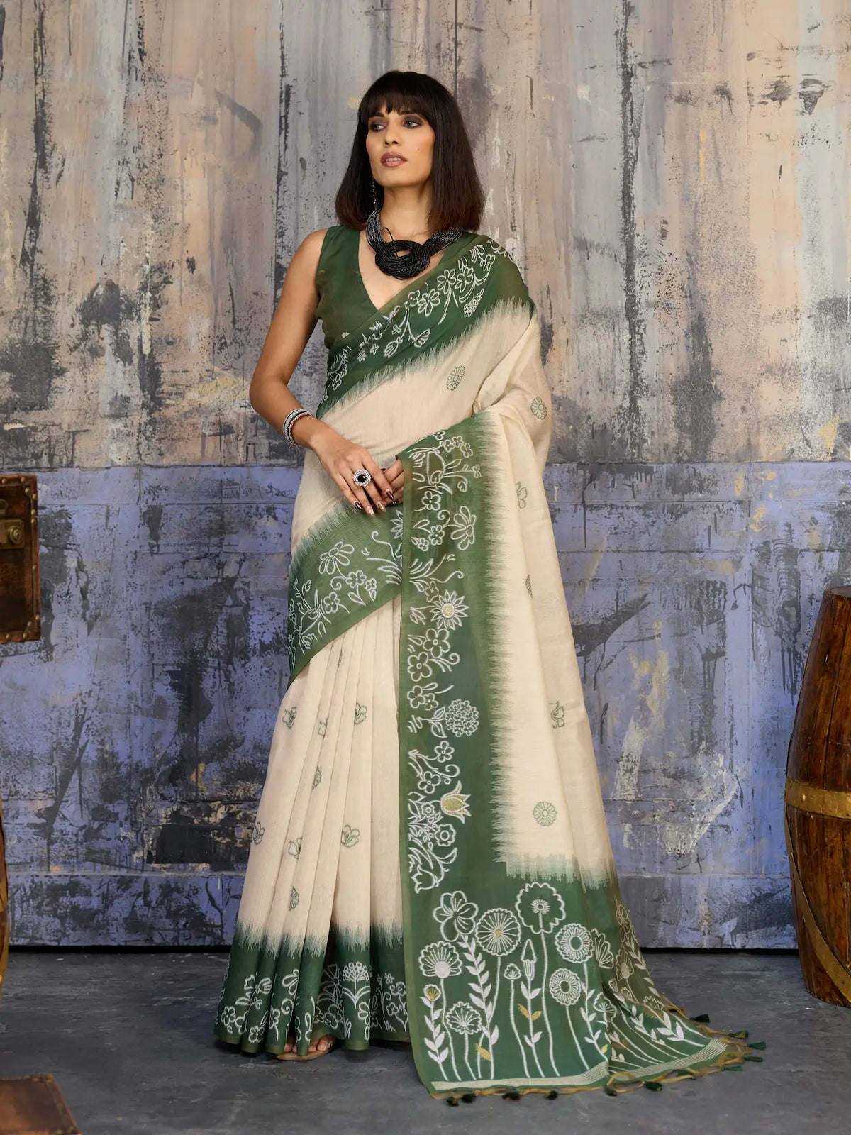 Beige-Green Handloom Cotton Saree