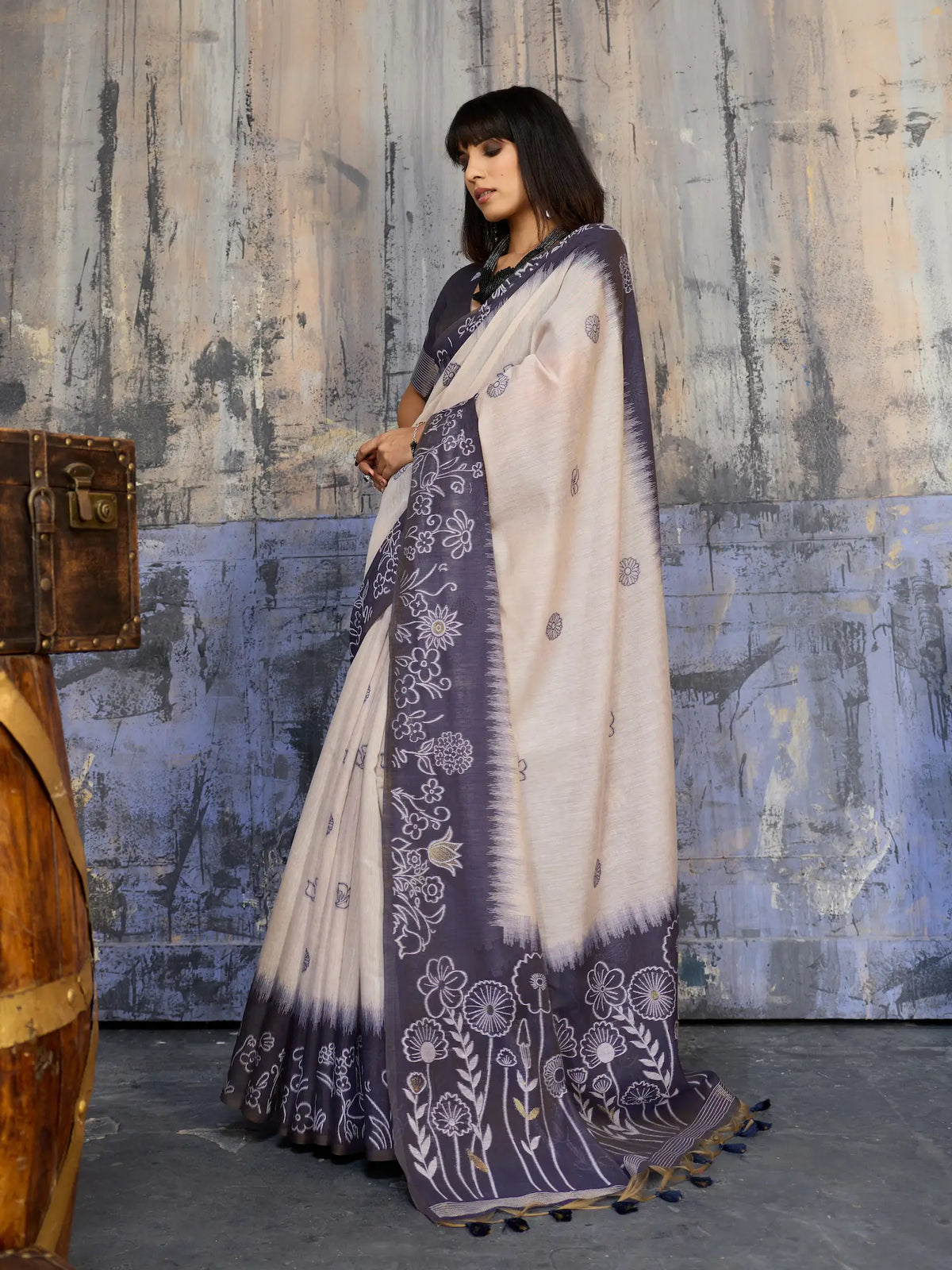 Beige-Blue Handloom Cotton Saree