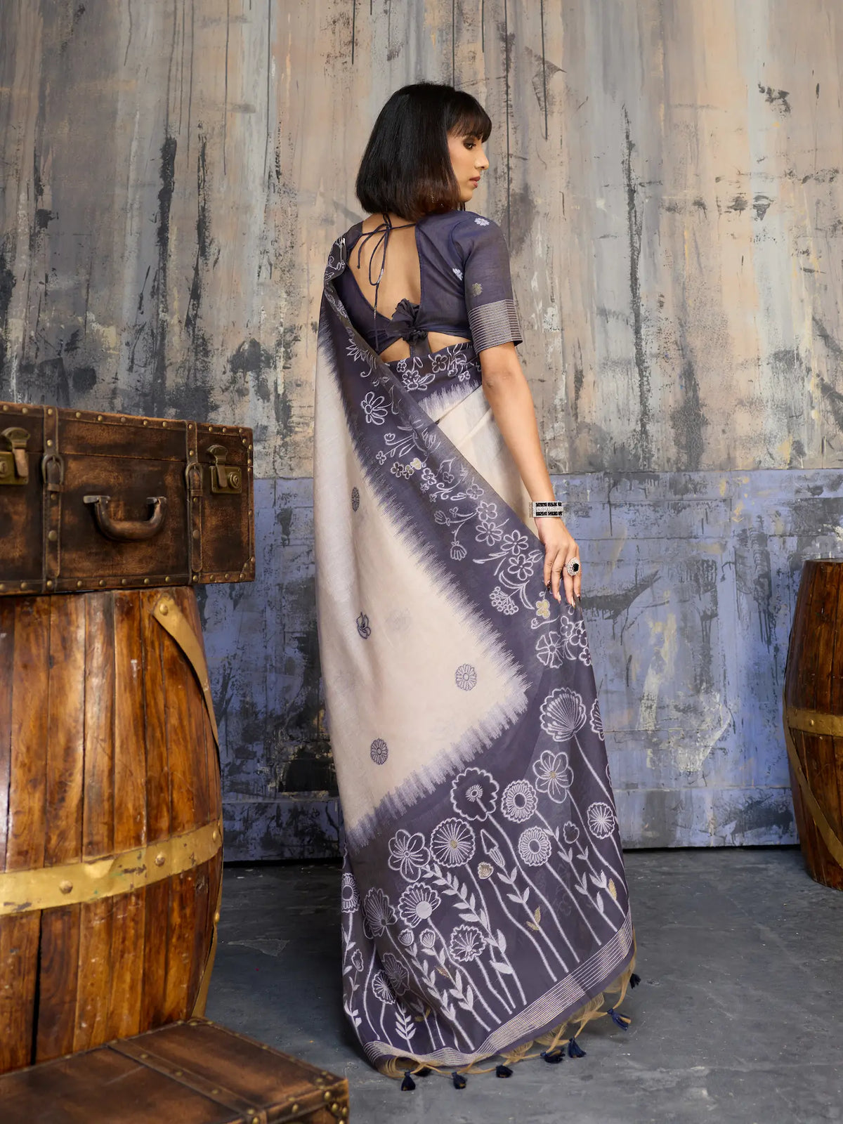 Beige-Blue Handloom Cotton Saree