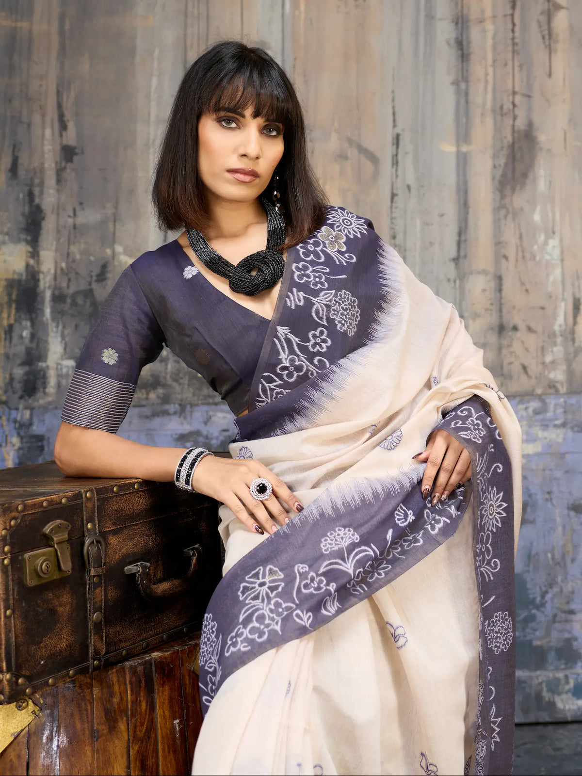 Beige-Blue Handloom Cotton Saree