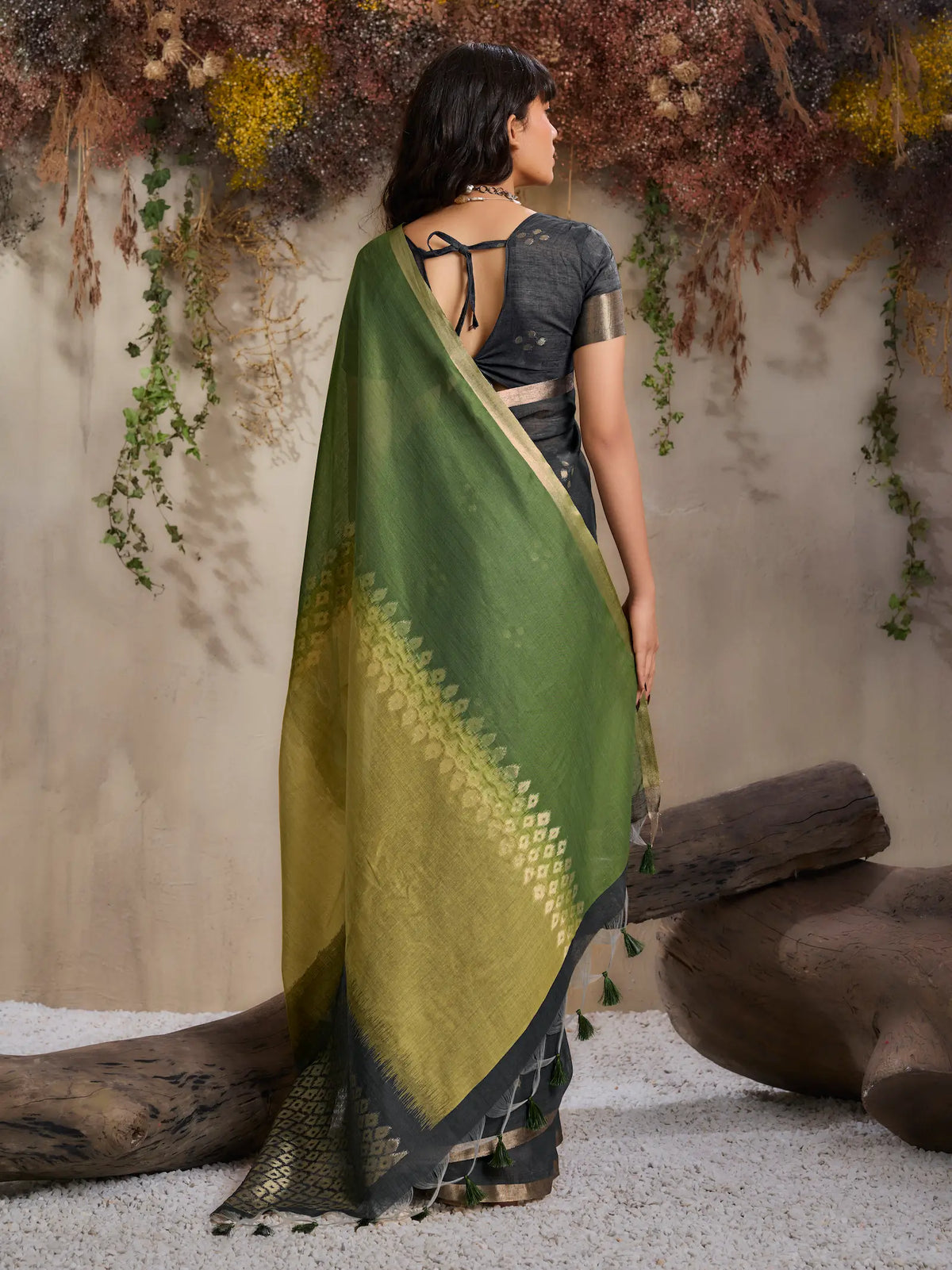 Olive-Yellow Handloom Cotton Saree
