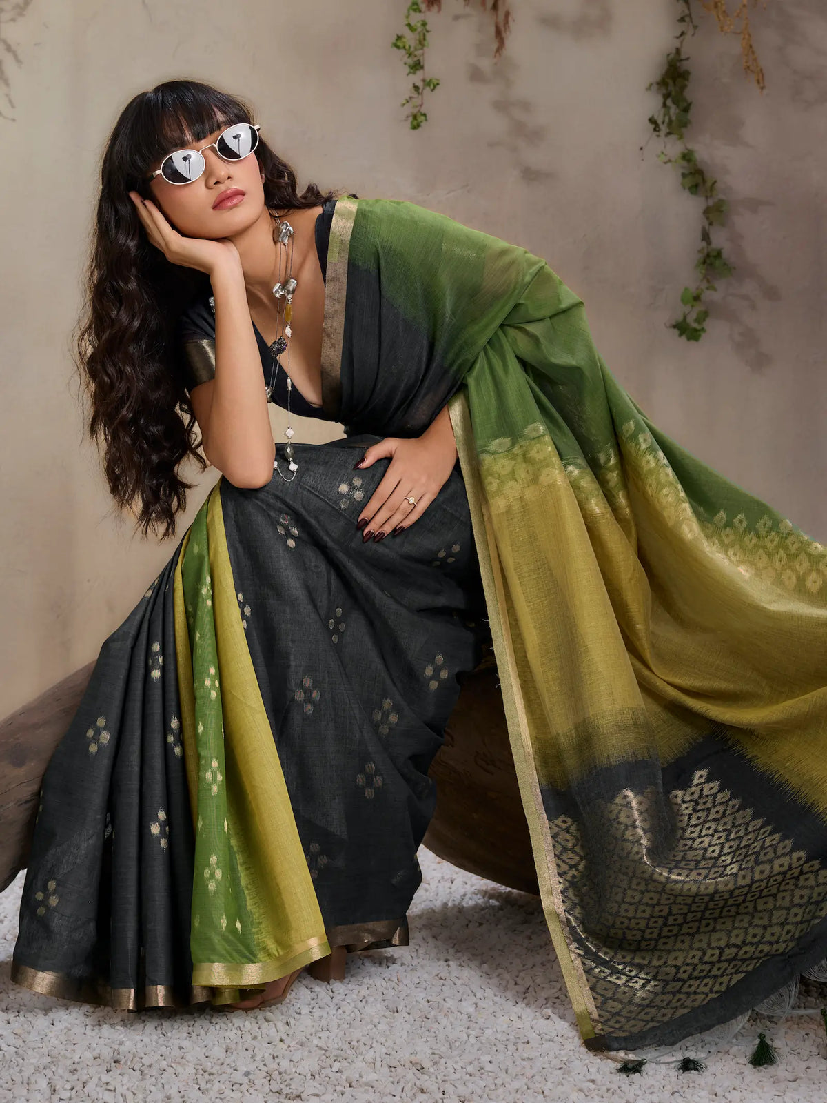 Olive-Yellow Handloom Cotton Saree