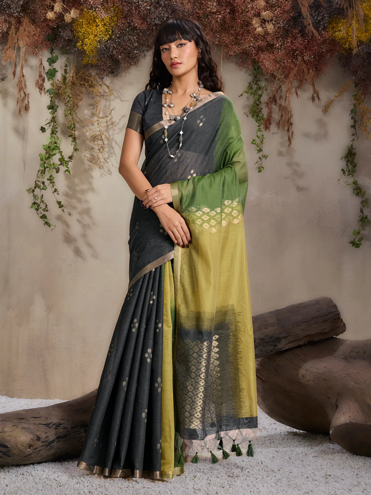 Olive-Yellow Handloom Cotton Saree