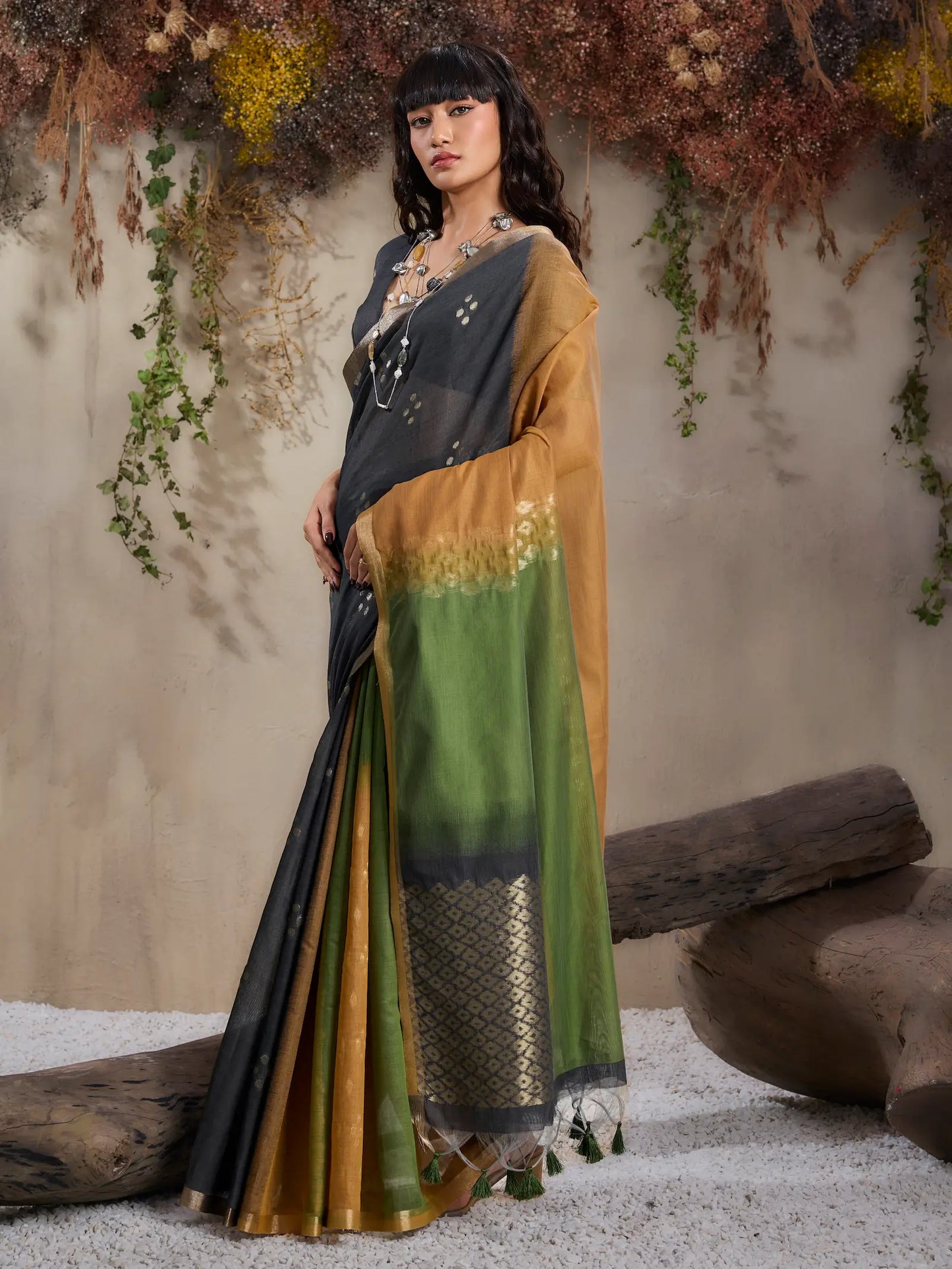 Mustard-Green Handloom Cotton Saree