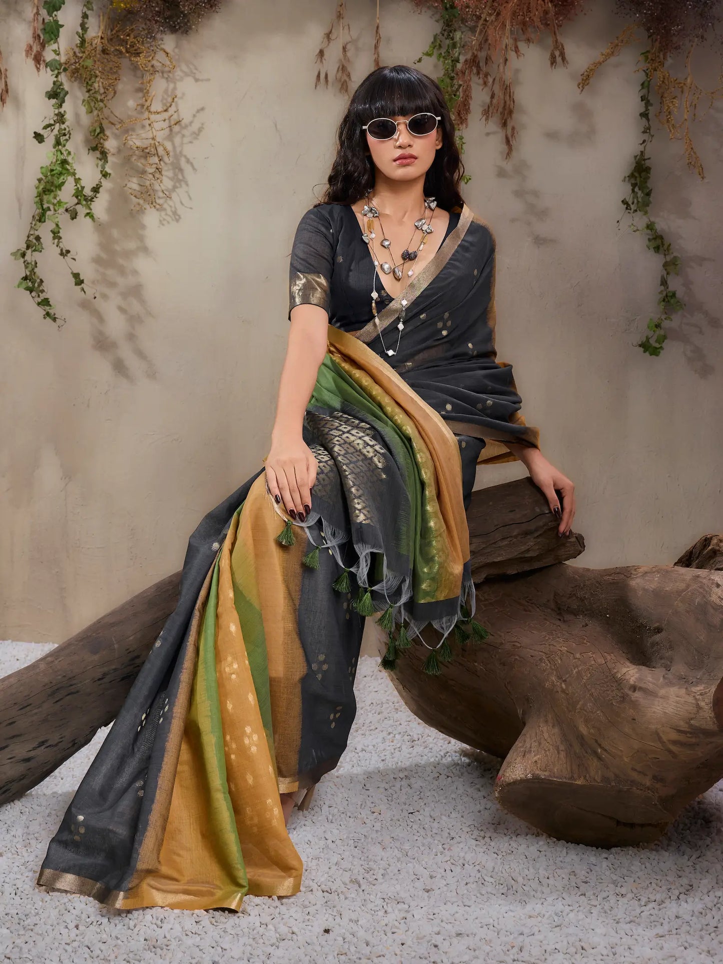 Mustard-Green Handloom Cotton Saree