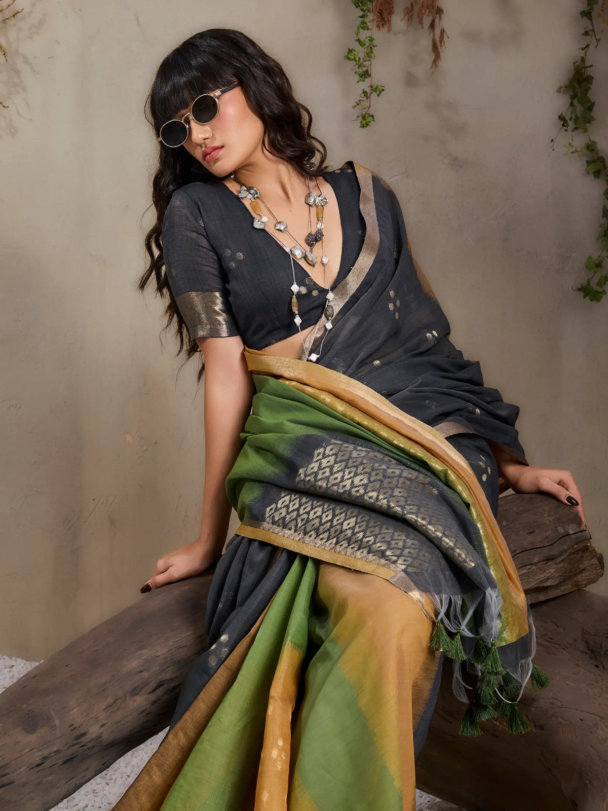 Mustard-Green Handloom Cotton Saree