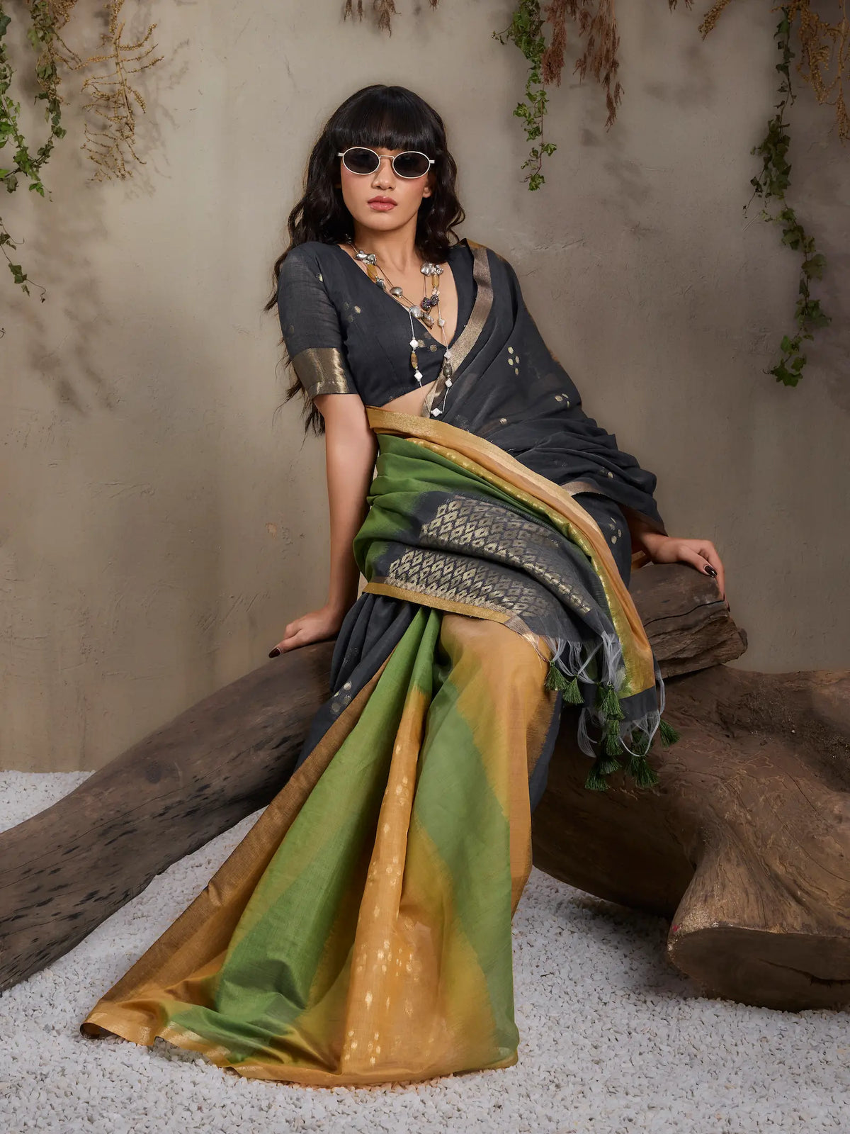 Mustard-Green Handloom Cotton Saree