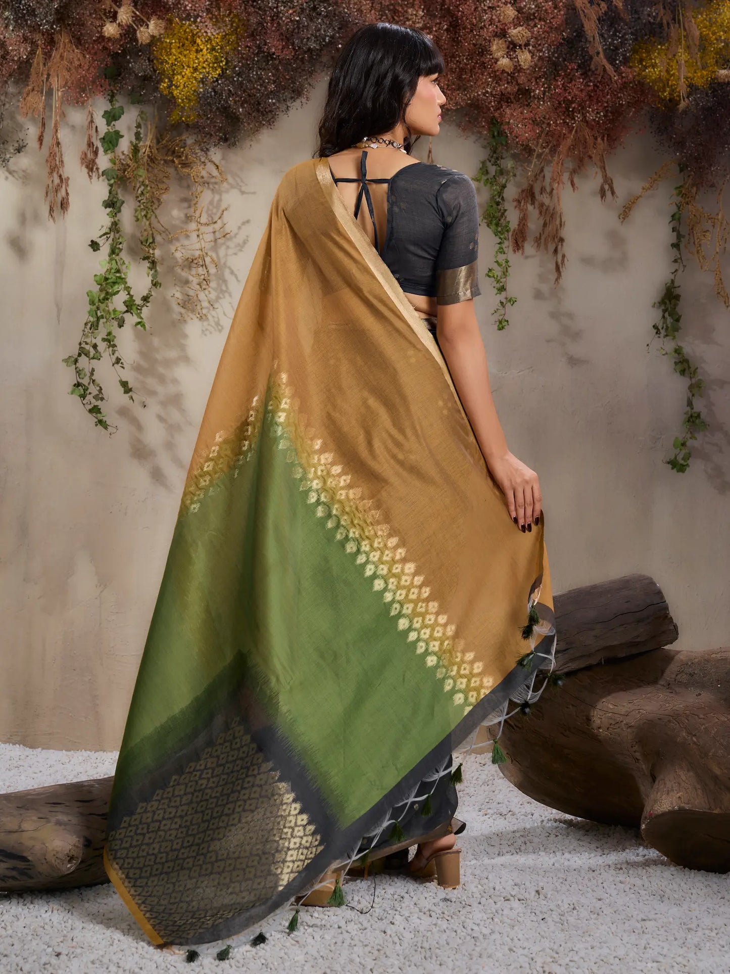 Mustard-Green Handloom Cotton Saree