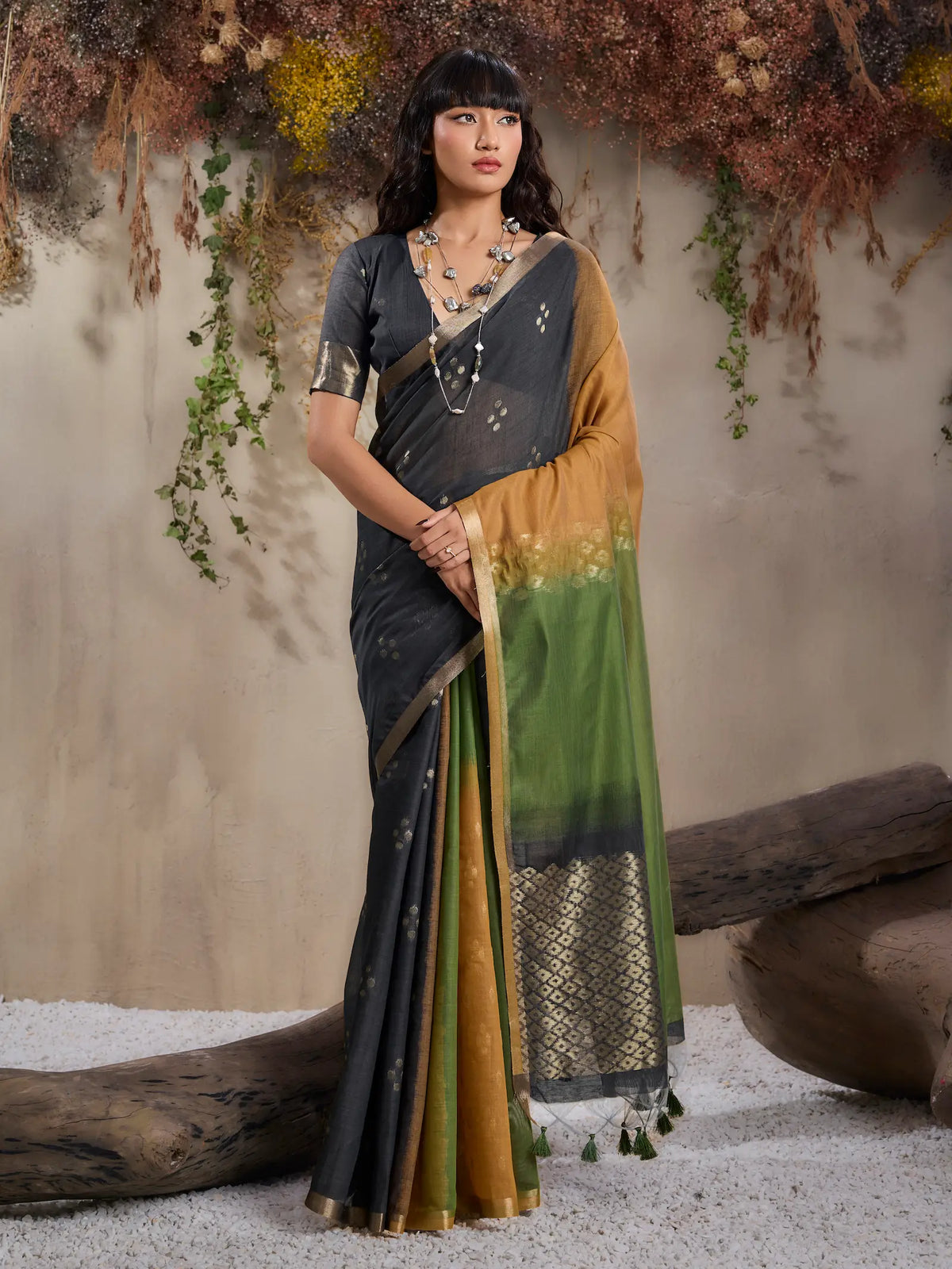 Mustard-Green Handloom Cotton Saree