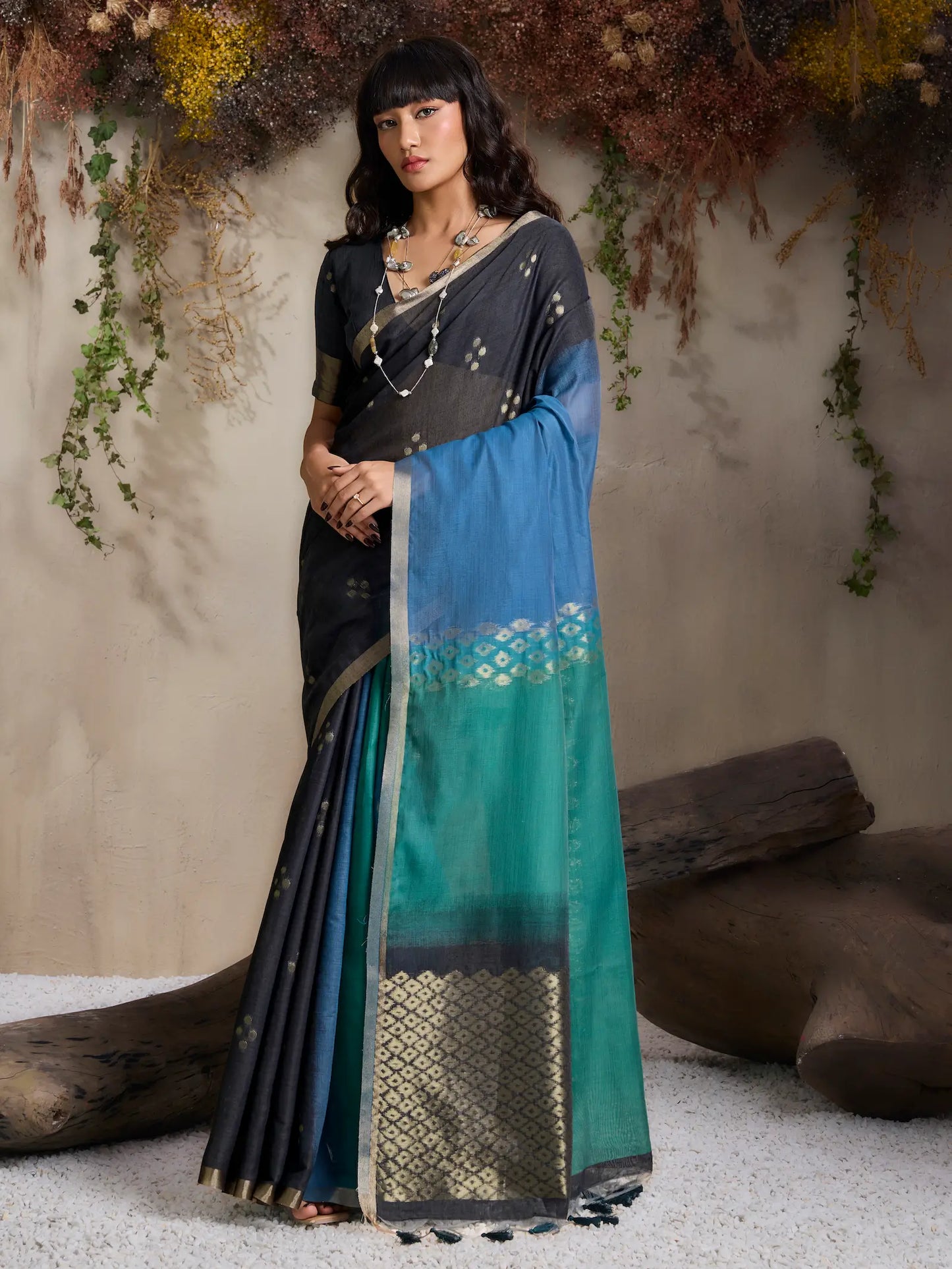 Teal Blue-Green Handloom Cotton Saree