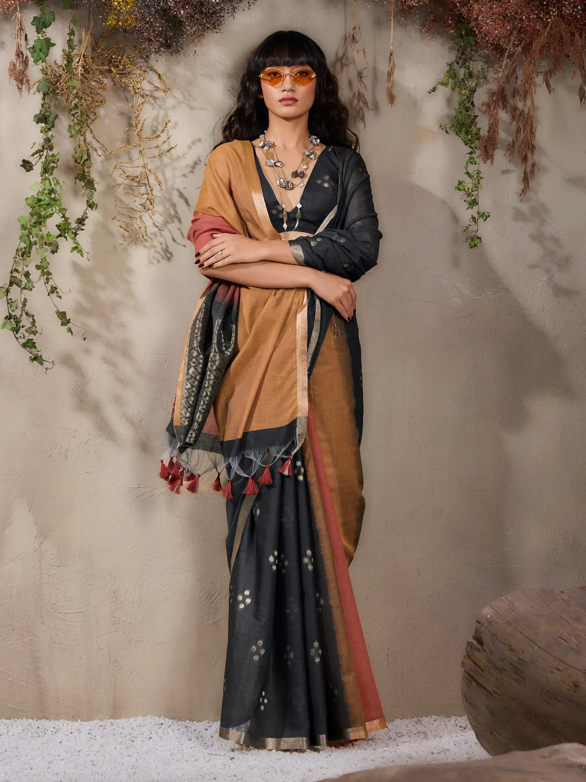 Mustard-Orange Handloom Cotton Saree
