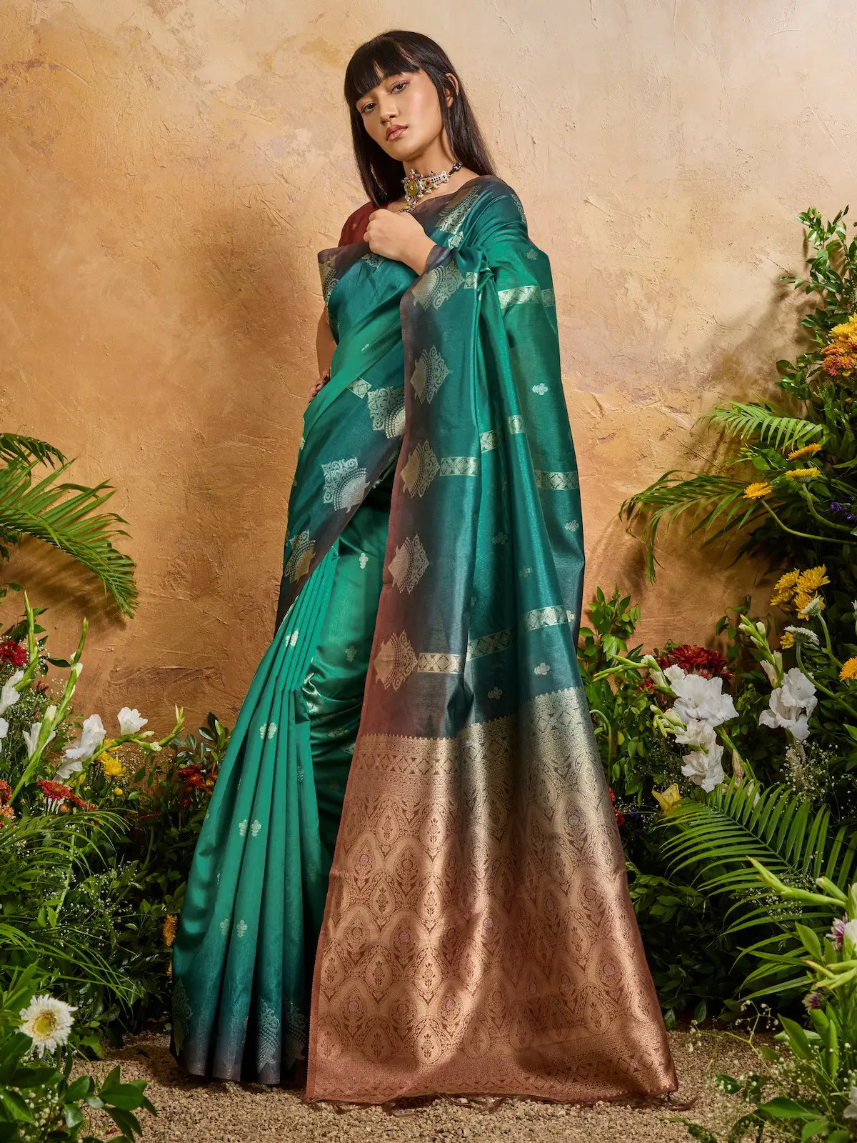 Teal Green Handloom Weaving Silk Saree