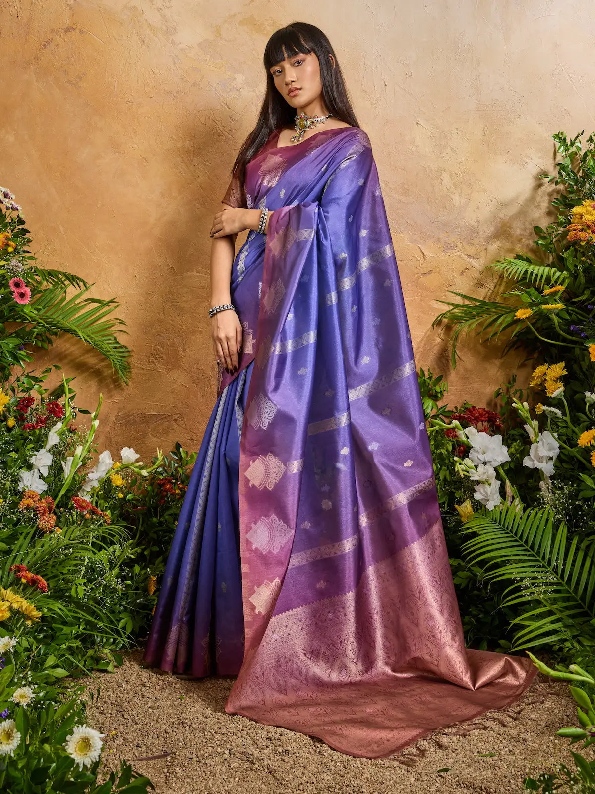 Slate Blue Handloom Weaving Silk Saree